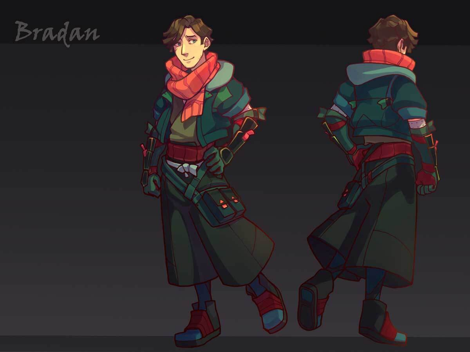 Art for Bradan, a male character with arm covering and a red scarf.