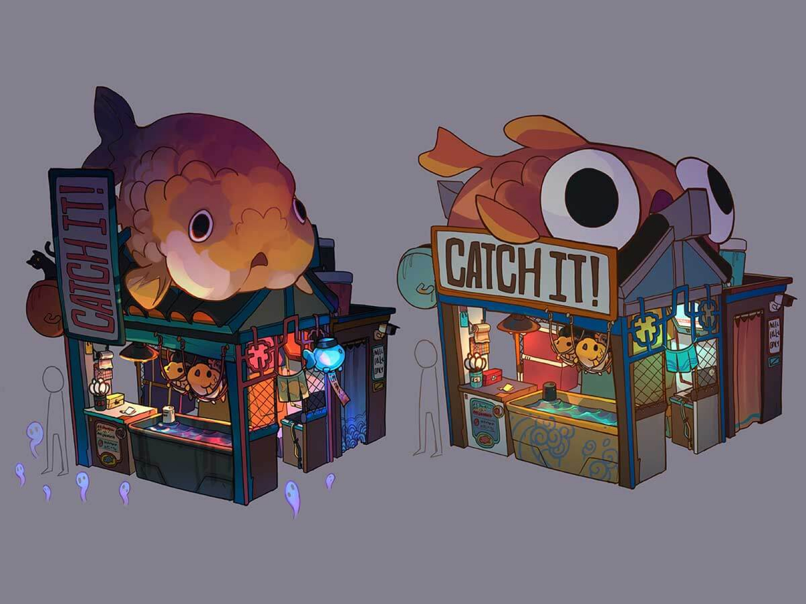 Two colorful shops with intricate fish decor.