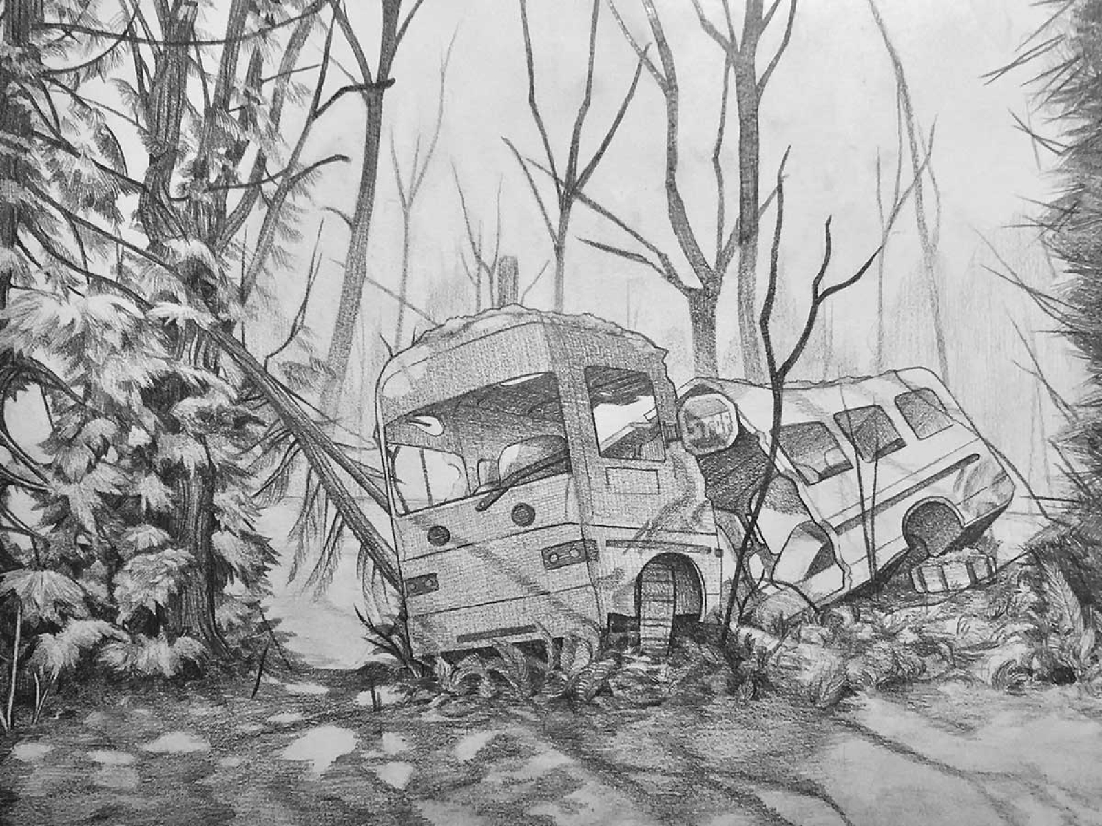 A drawing of a crashed and abandoned school bus in a wooded area.