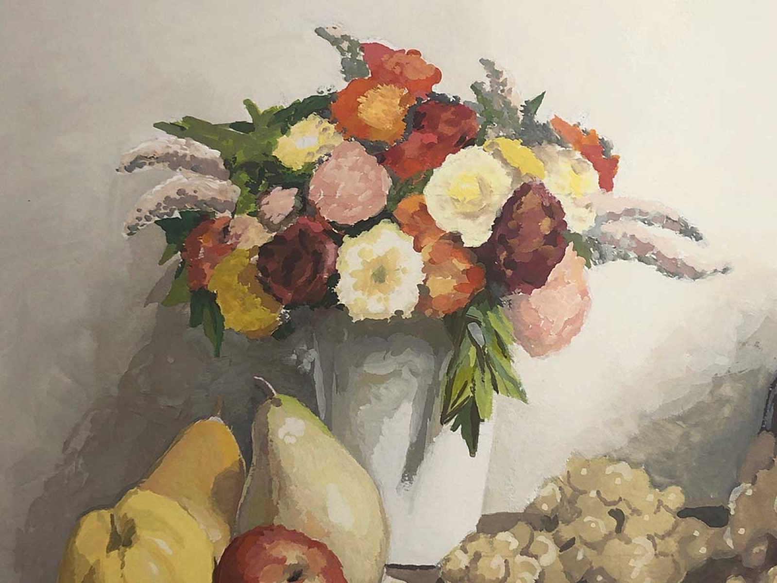 A painting of a pot of flowers and a plate of fruit.