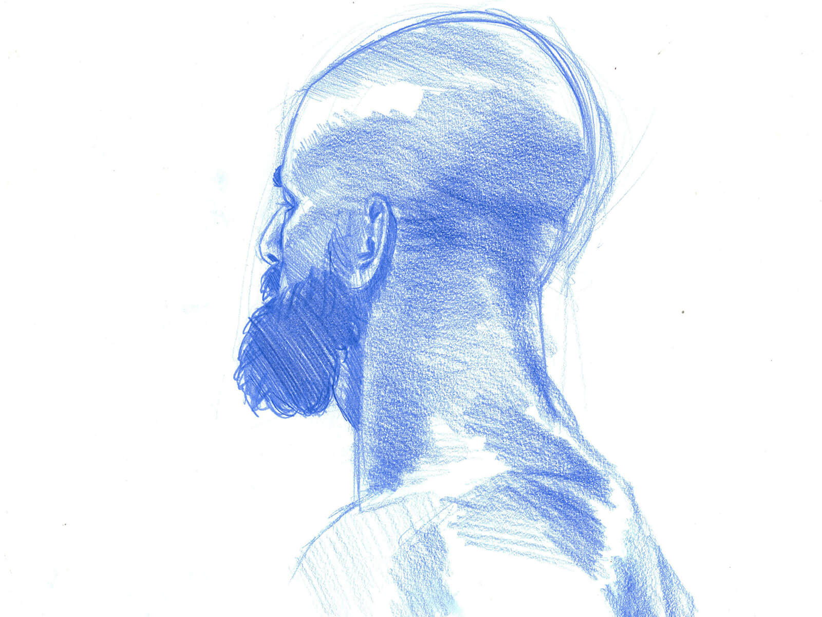 drawing of a bald man with a dark beard