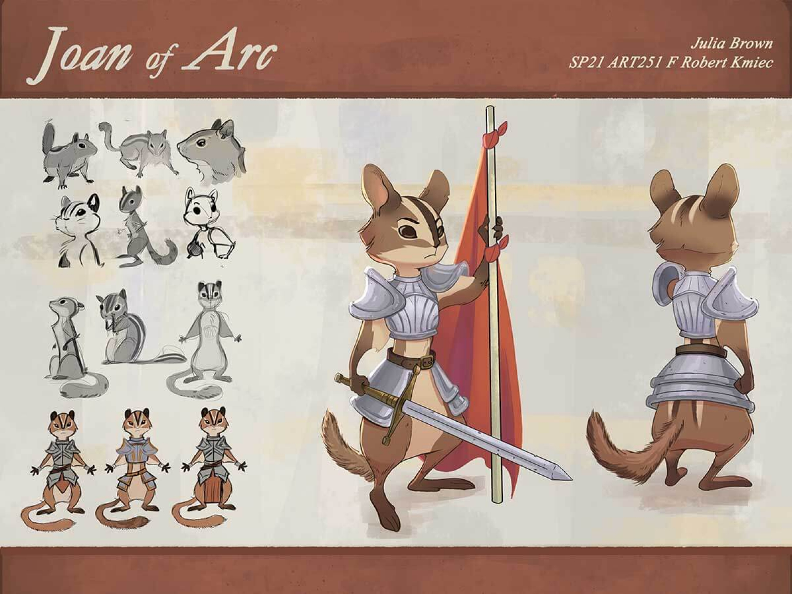 Character art of the front and back of Joan of Arc as a cartoon squirrel.