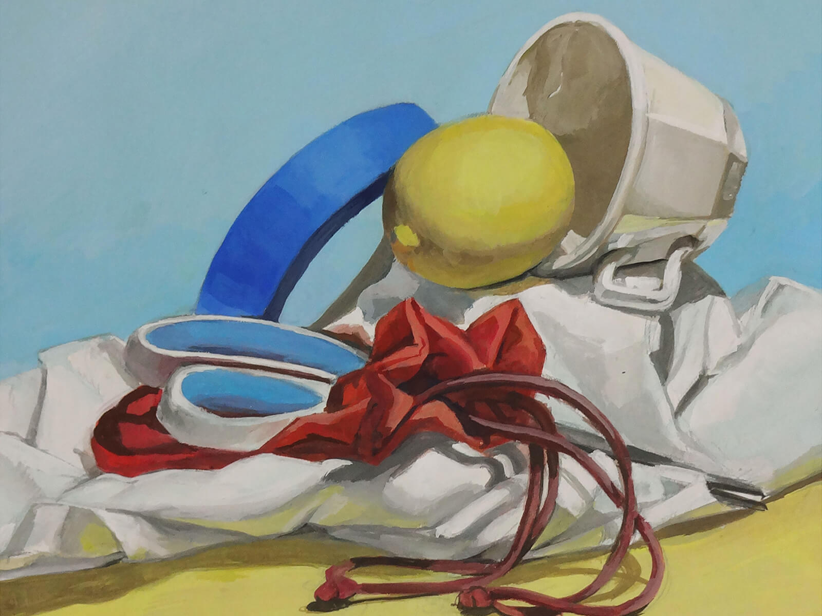 still-life traditional painting of a tea cup, a lemon, scissors, and a roll of blue painter's tape on a white draped sheet