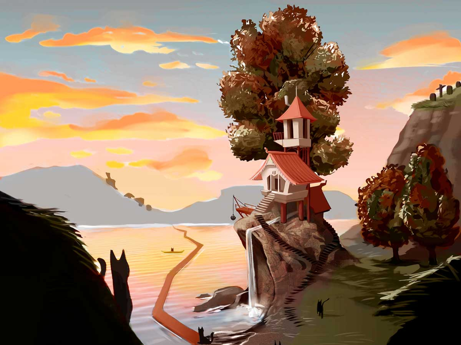 A beautiful home resting on a cliff overlooking a lake.