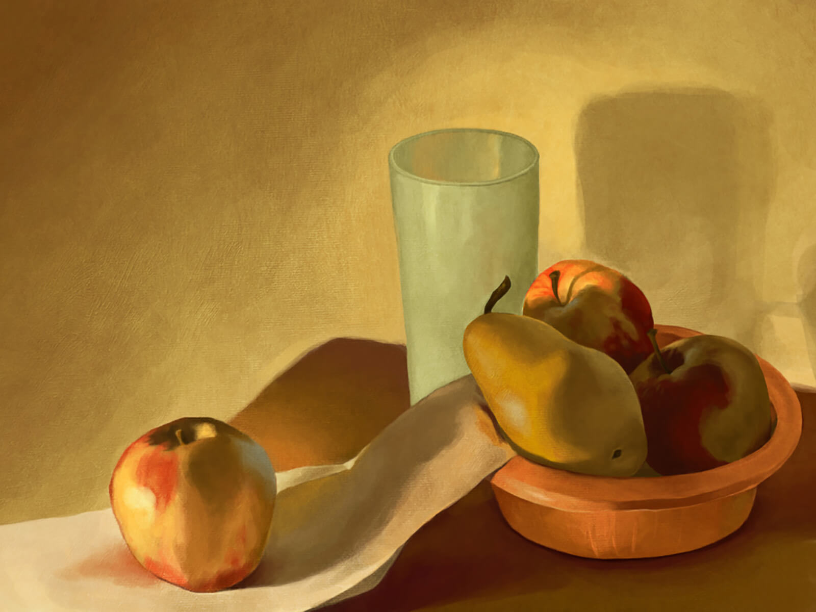 still-life traditional painting of bowl with apples and a pear, a glass, and another apple on a draped white napkin