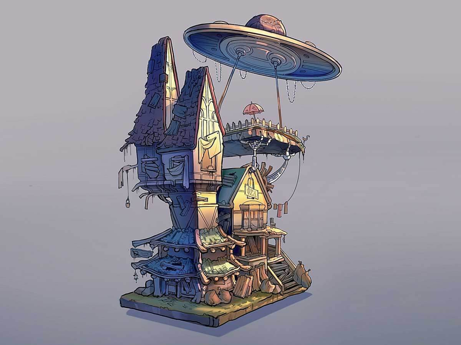 A house with various add-ons and a UFO at the top.