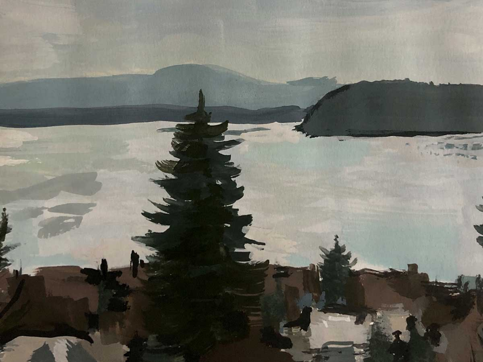 A painting of a house looking over a large lake.