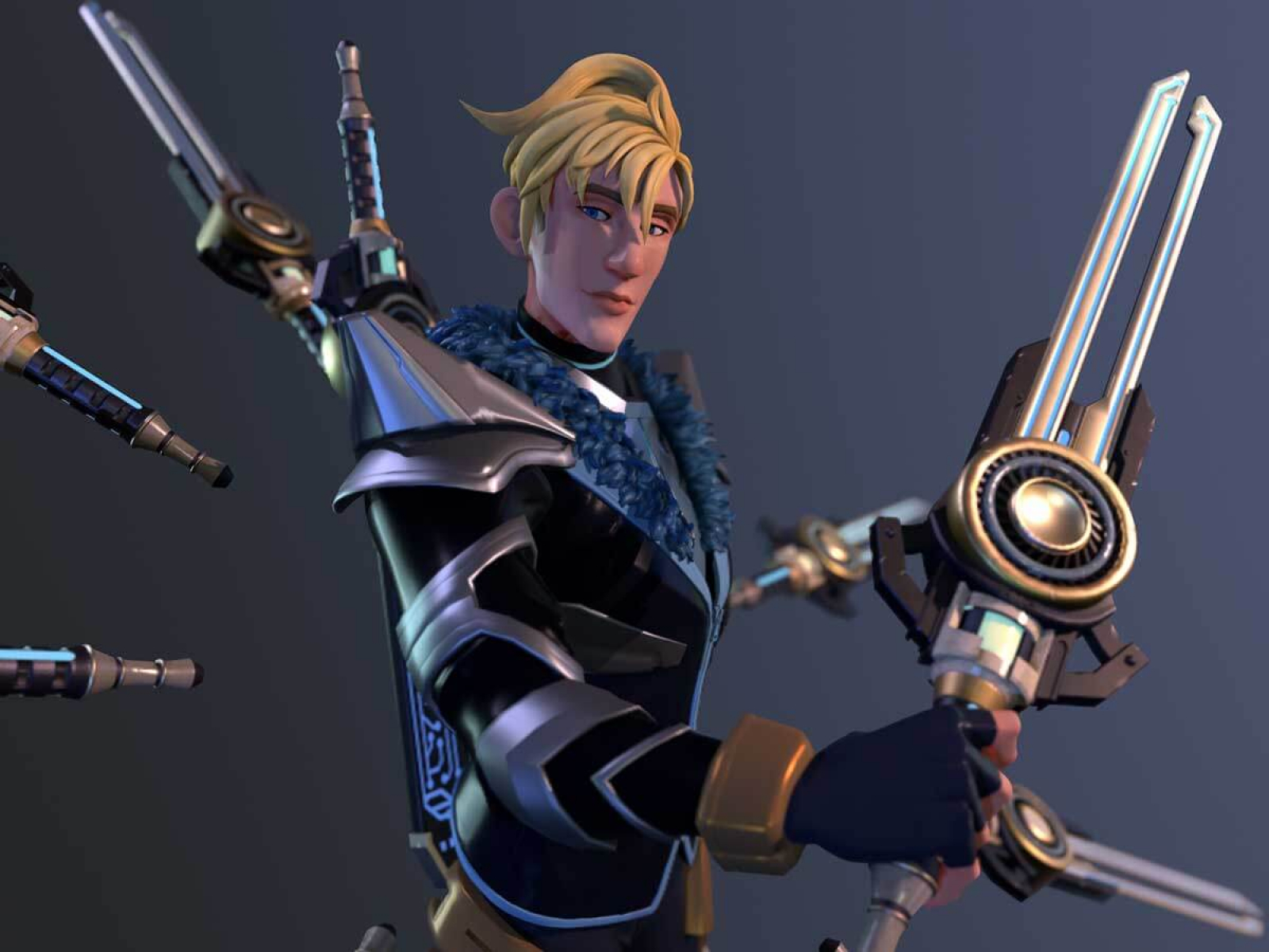 A blonde character wielding several mechanical swords.