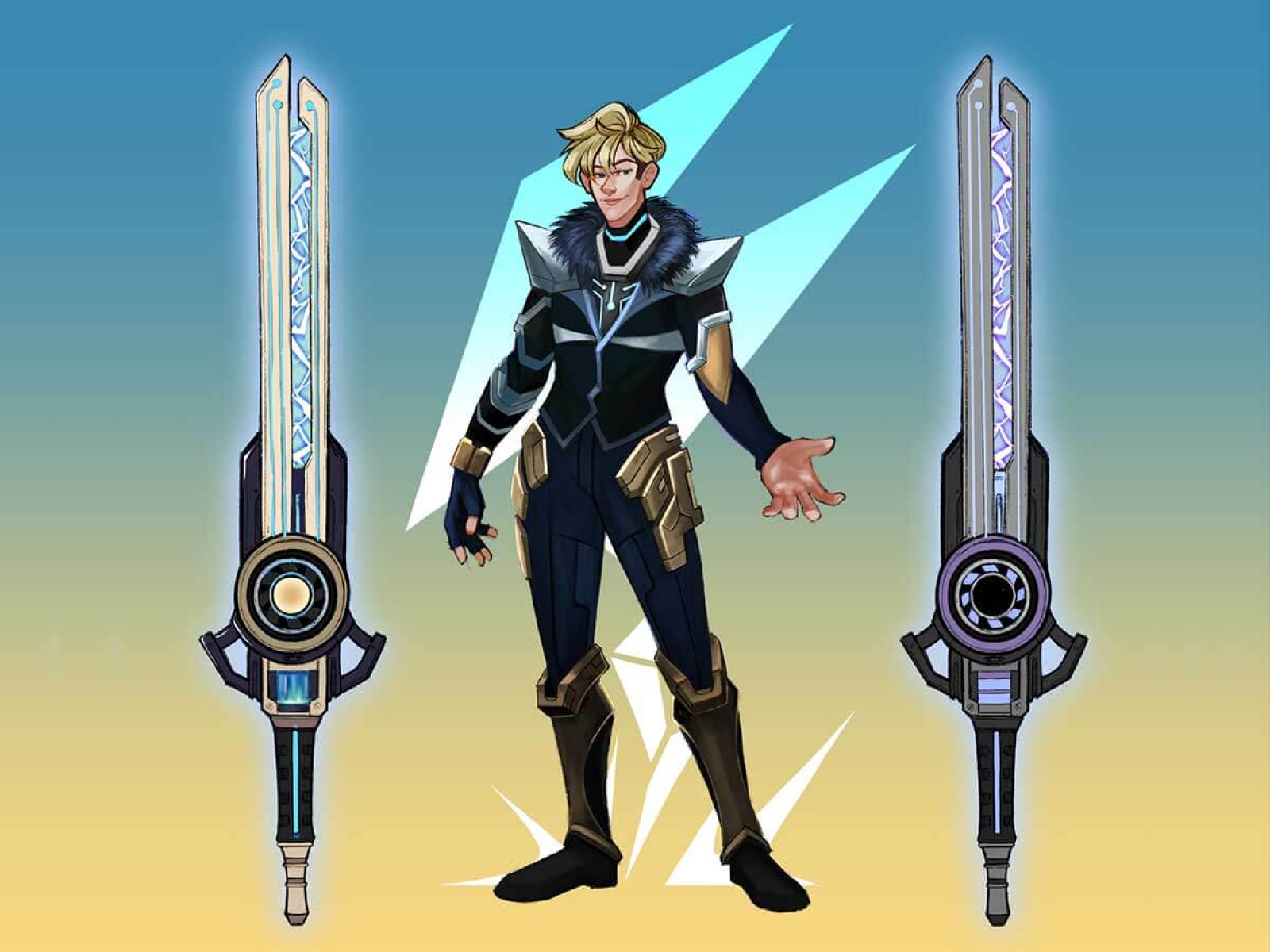 Art of a male character and his two swords.