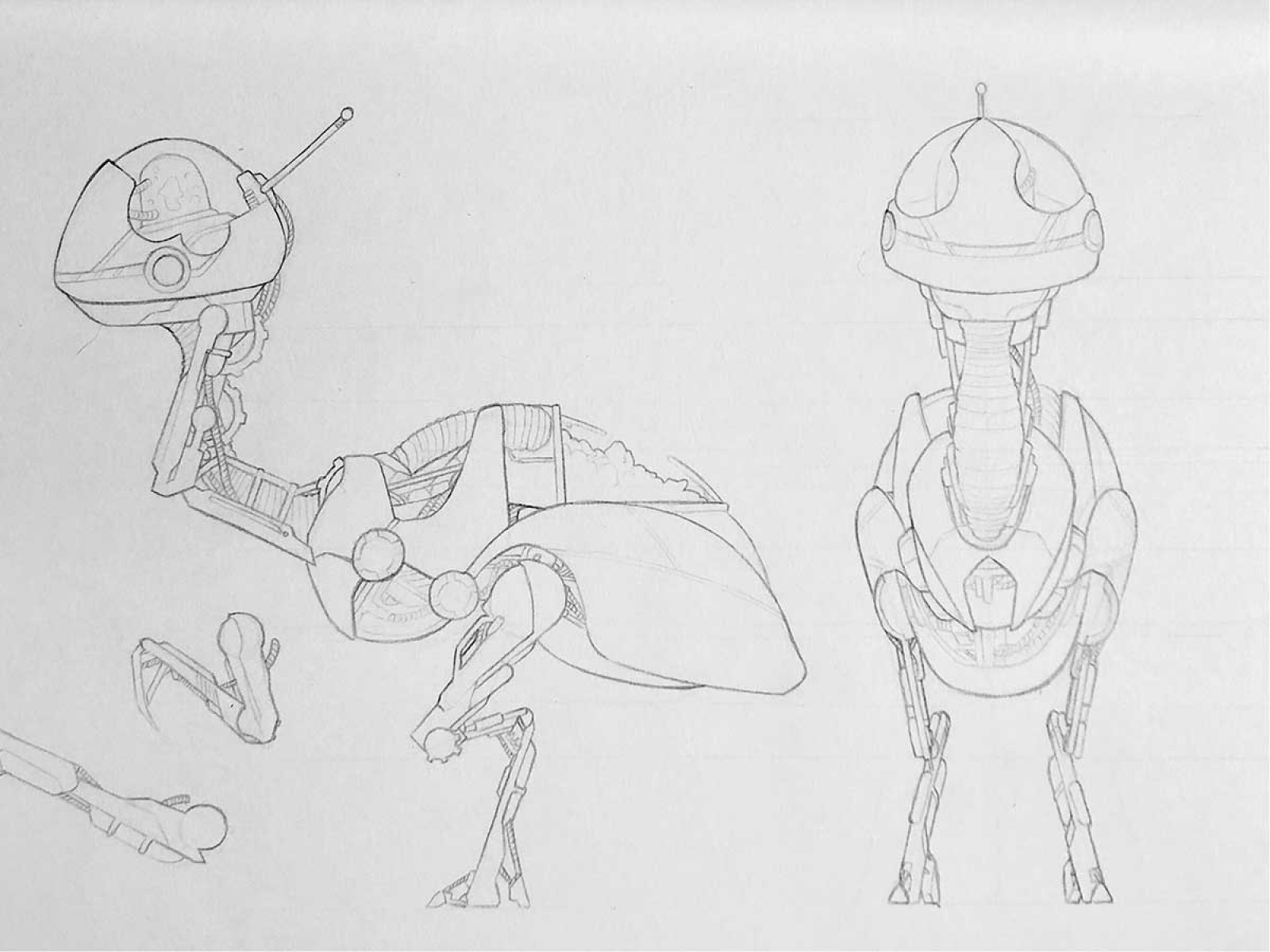 Paper drawings of a giant robotic emu creature.