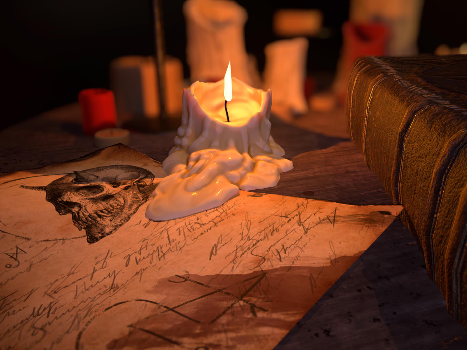 computer-generated 3D environment featuring a melting, lit candle dripping wax on a skull-adorned parchment