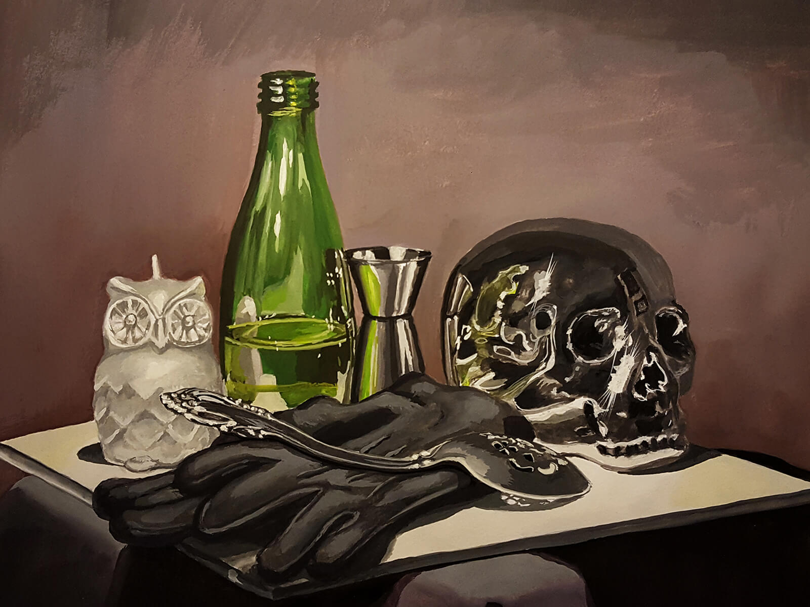 still-life traditional painting of an owl-shaped candle, green bottle, human skull, black gloves, and a spoon