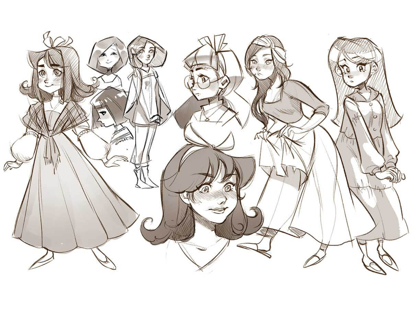 Concept art of several women in various outfits and poses.