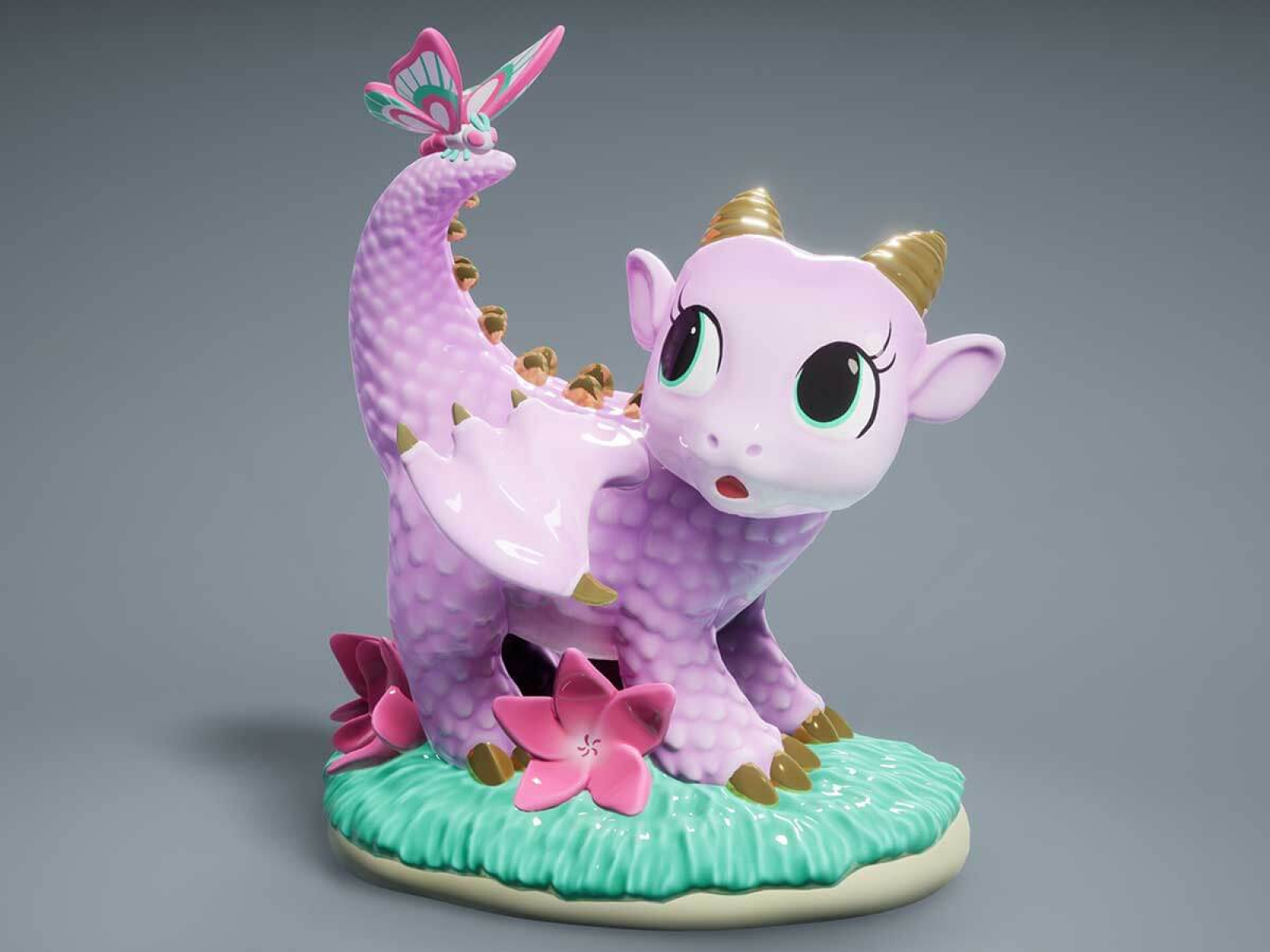 3D model of a young pink dragon with a butterfly on its tail