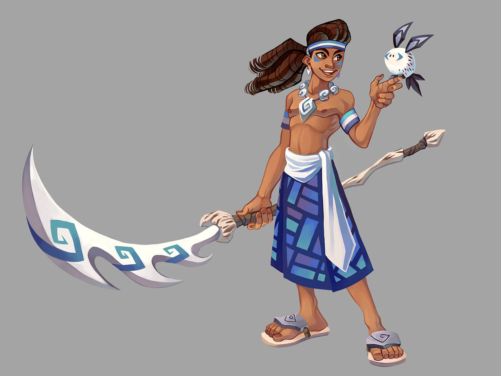 Man with spear in stylized Pacific Islander dress