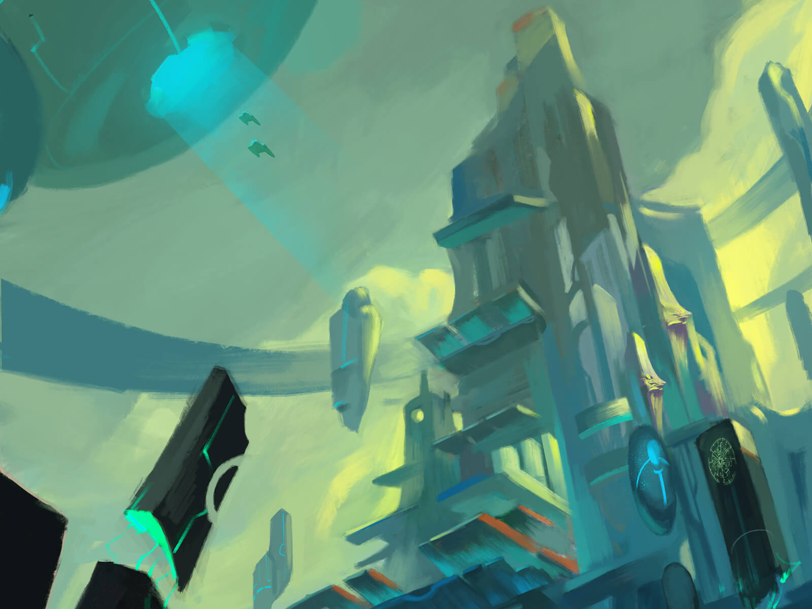 digital painting of a futuristic cityscape where airships fly among the buildings 