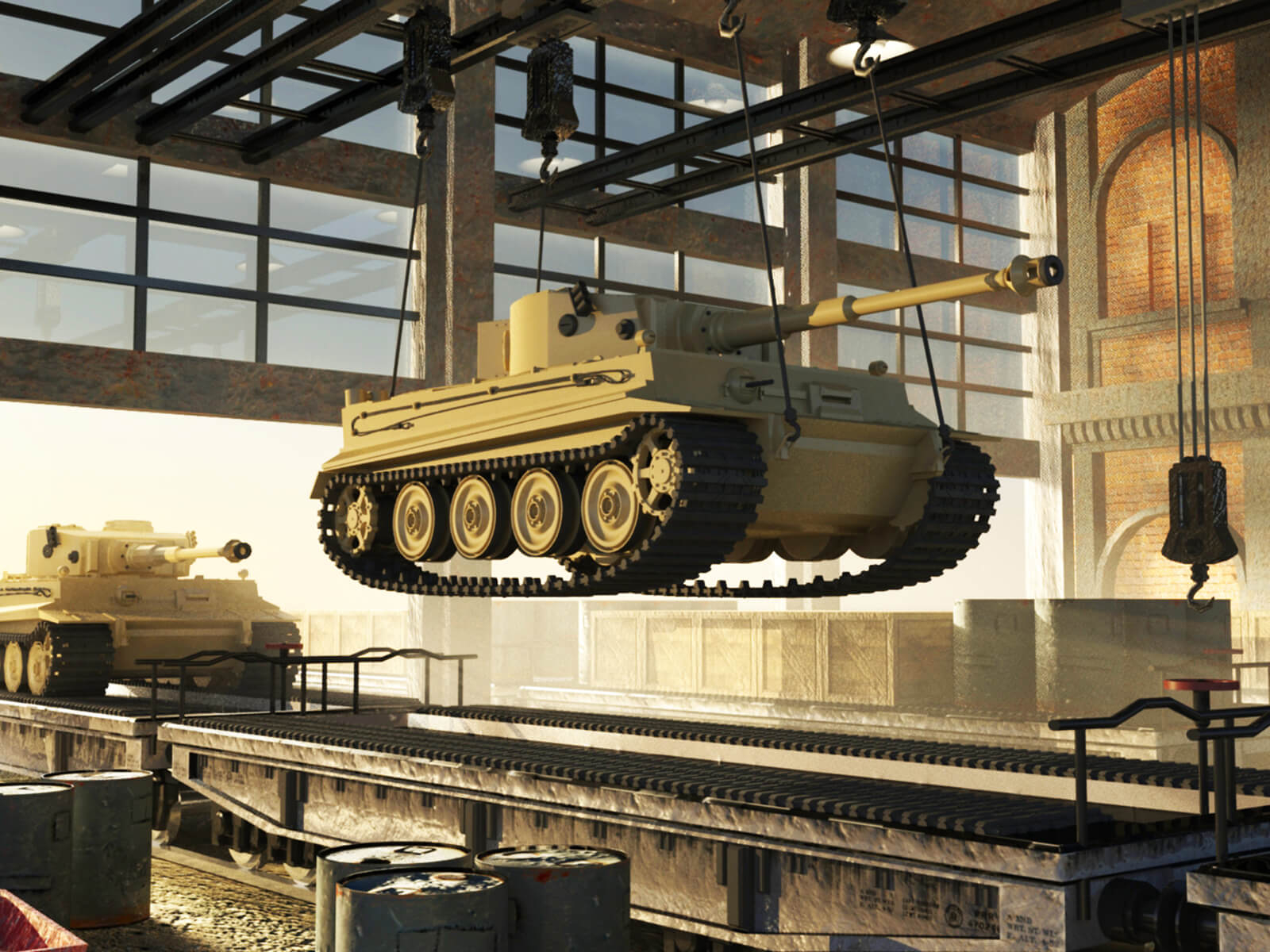 computer-generated 3d model of a tank suspended above a track in a warehouse-type building