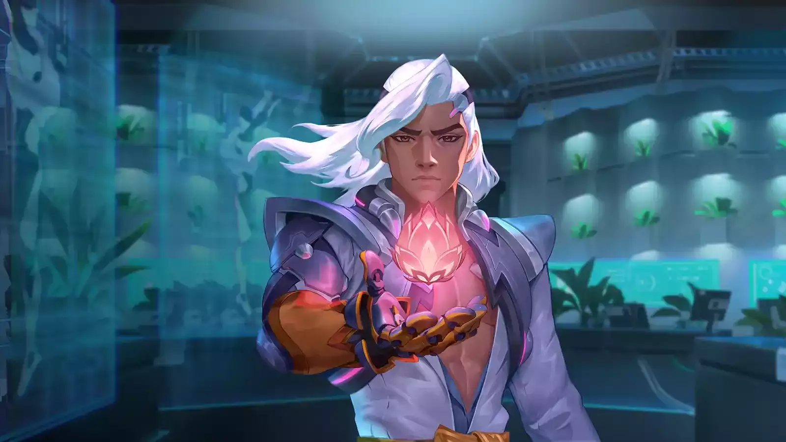 Artwork of elaborately dressed man in a scientific lab, projecting a holographic flower using a high-tech gauntlet.