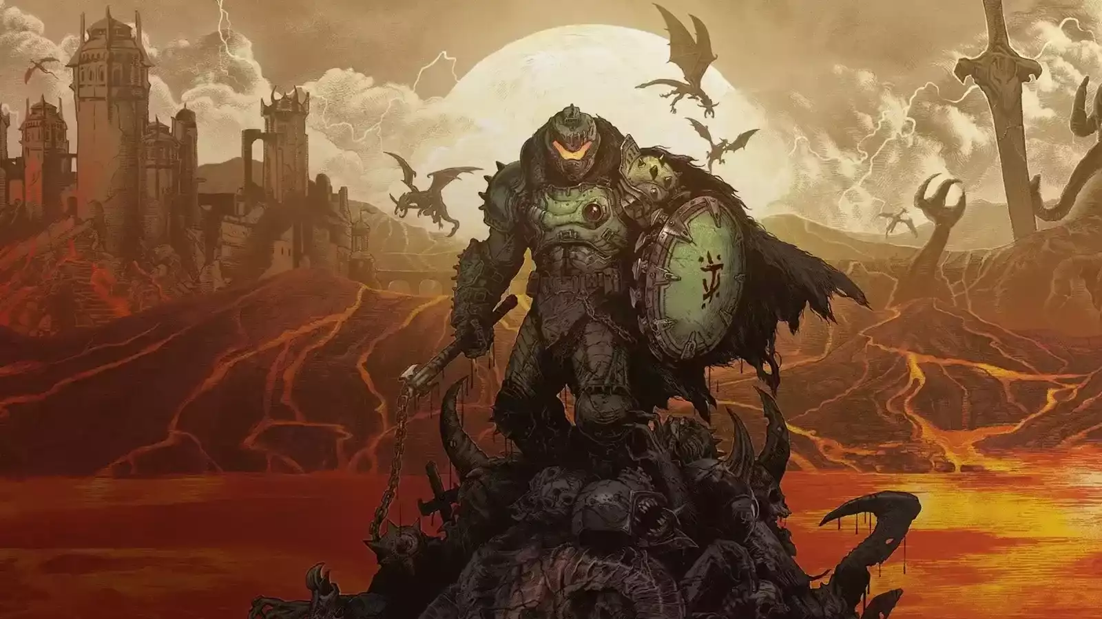 The armored Doomguy holds a flail and shield amid a medieval, hellish landscape.
