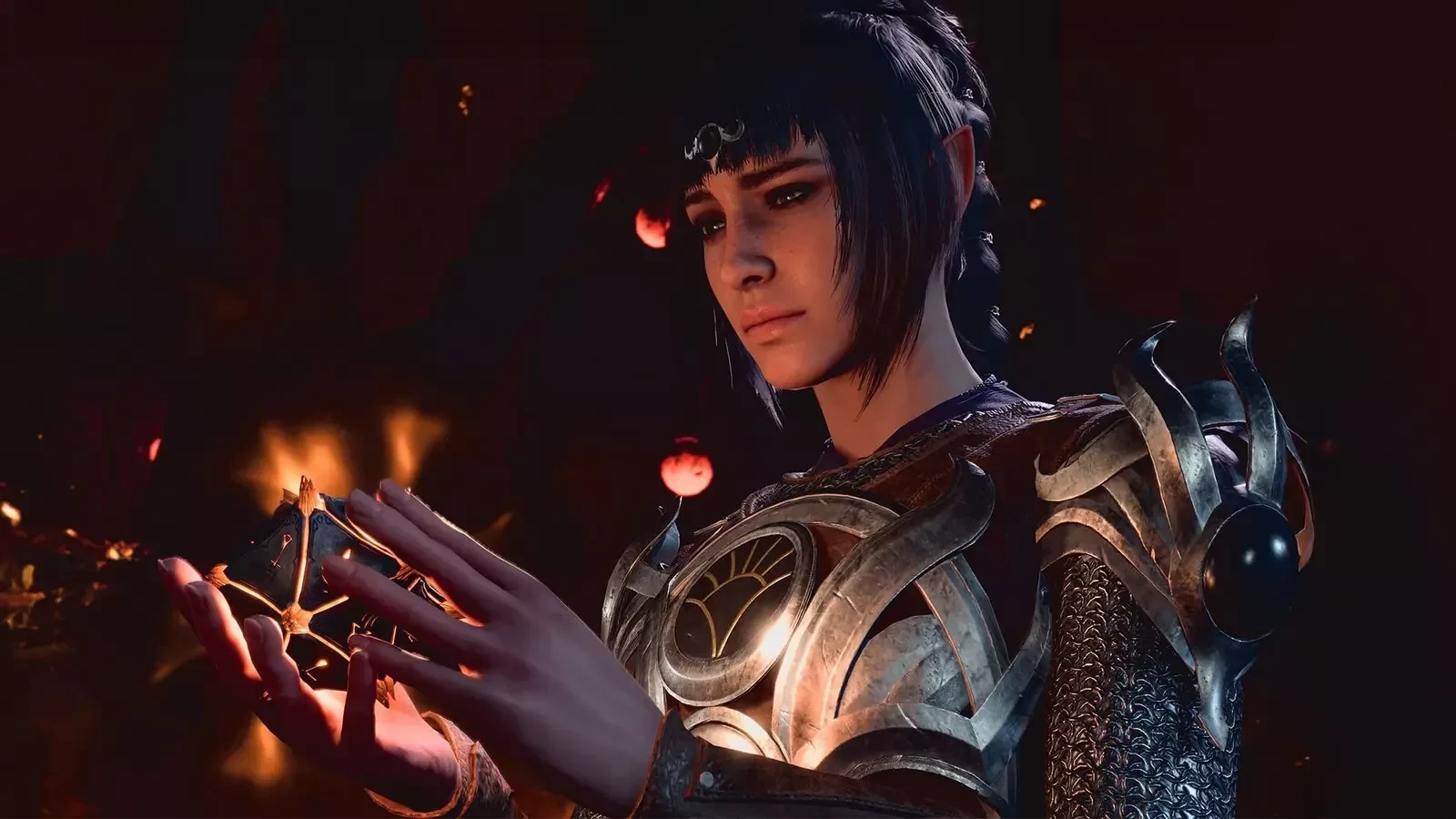 A half-elf character with armor holds a glowing die.