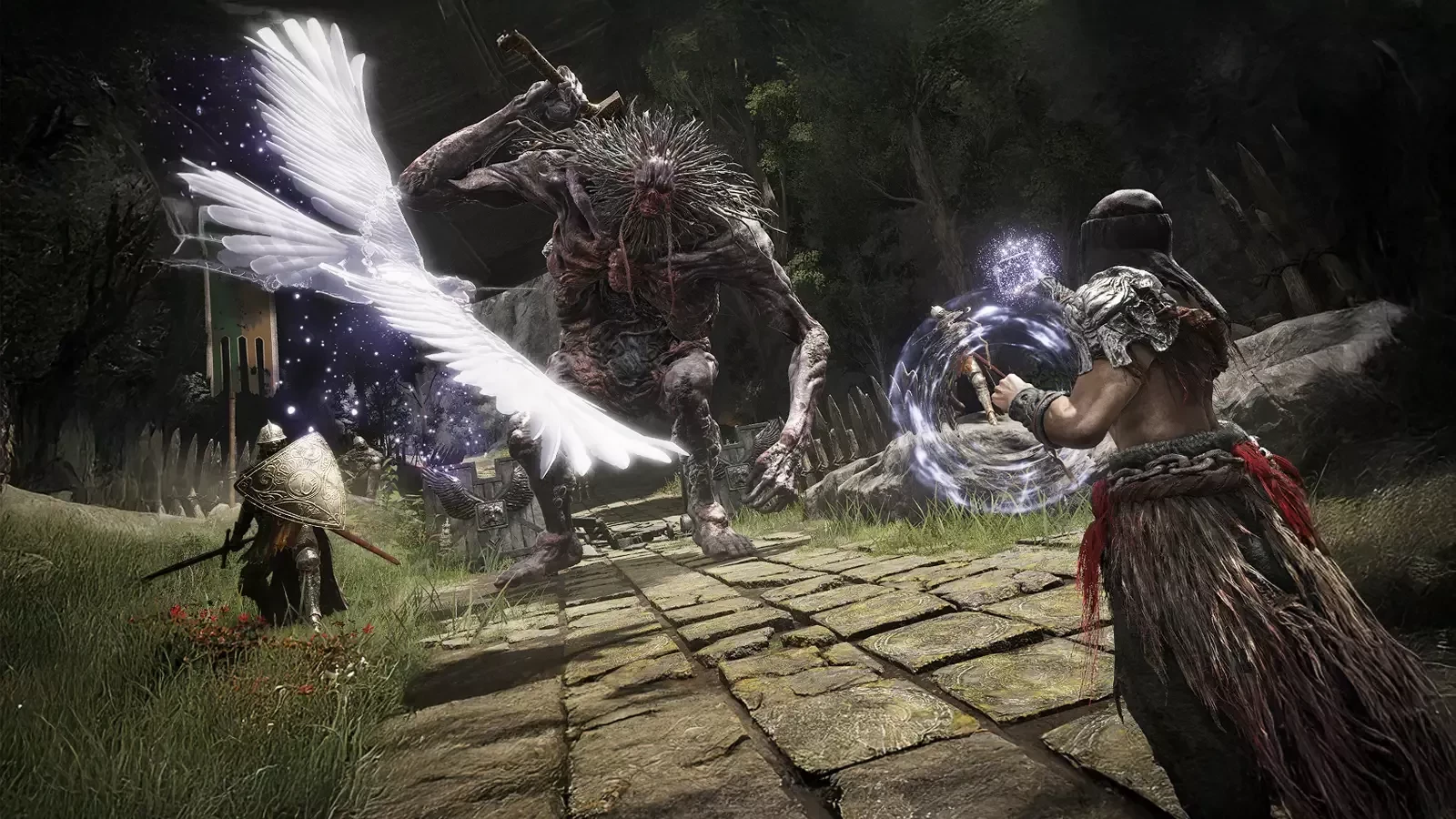 A character casting magic against enemy creatures.