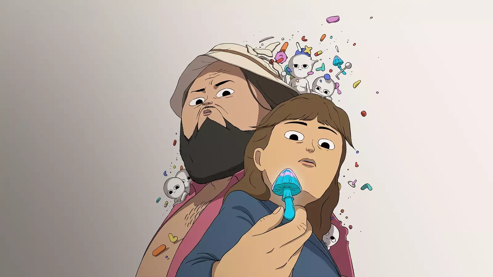 Two characters look at a mushroom.