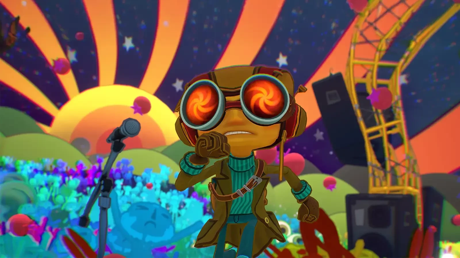 A character stands at a microphone amid a colorful background.