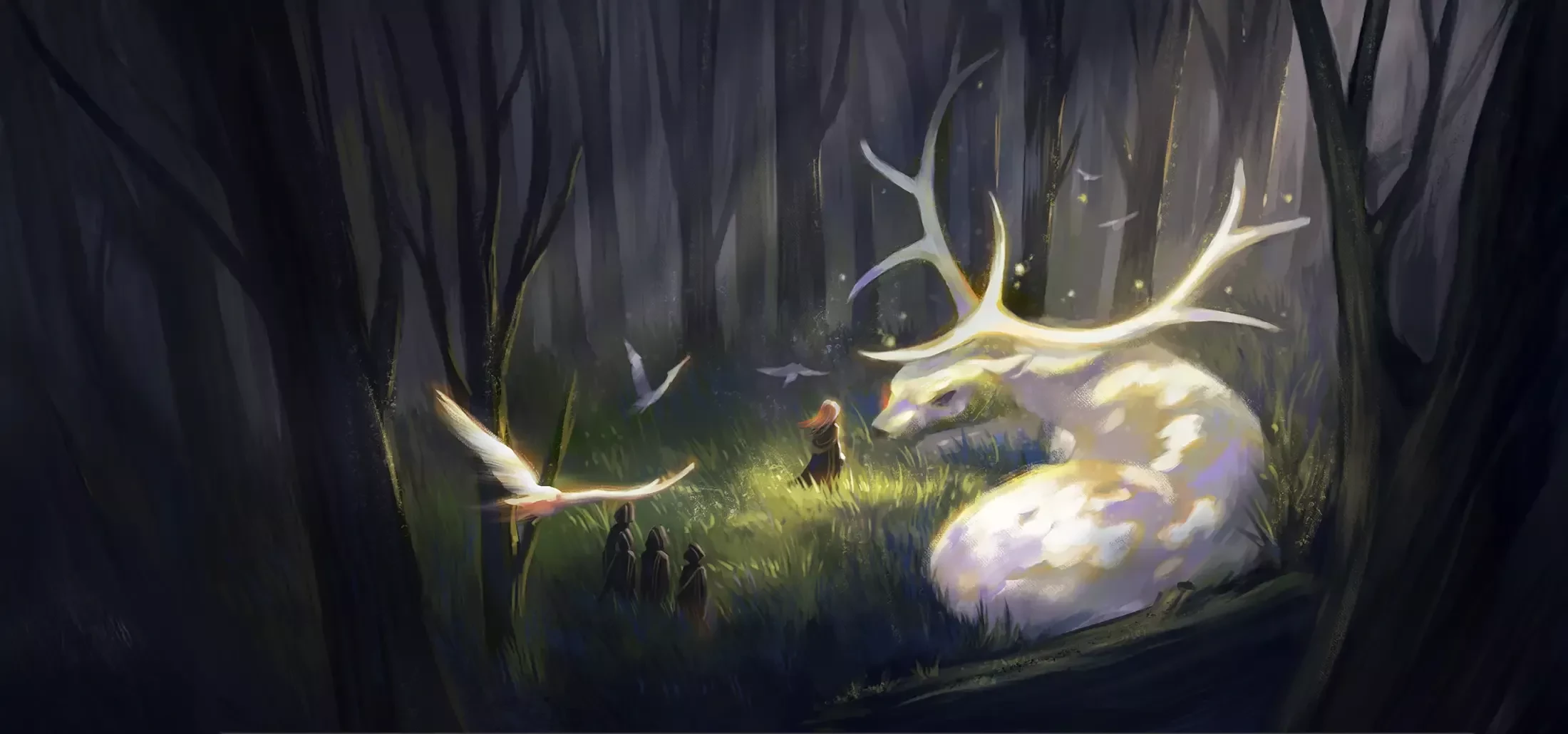 A small figure approaches a large angelic elk within a dark forest. 