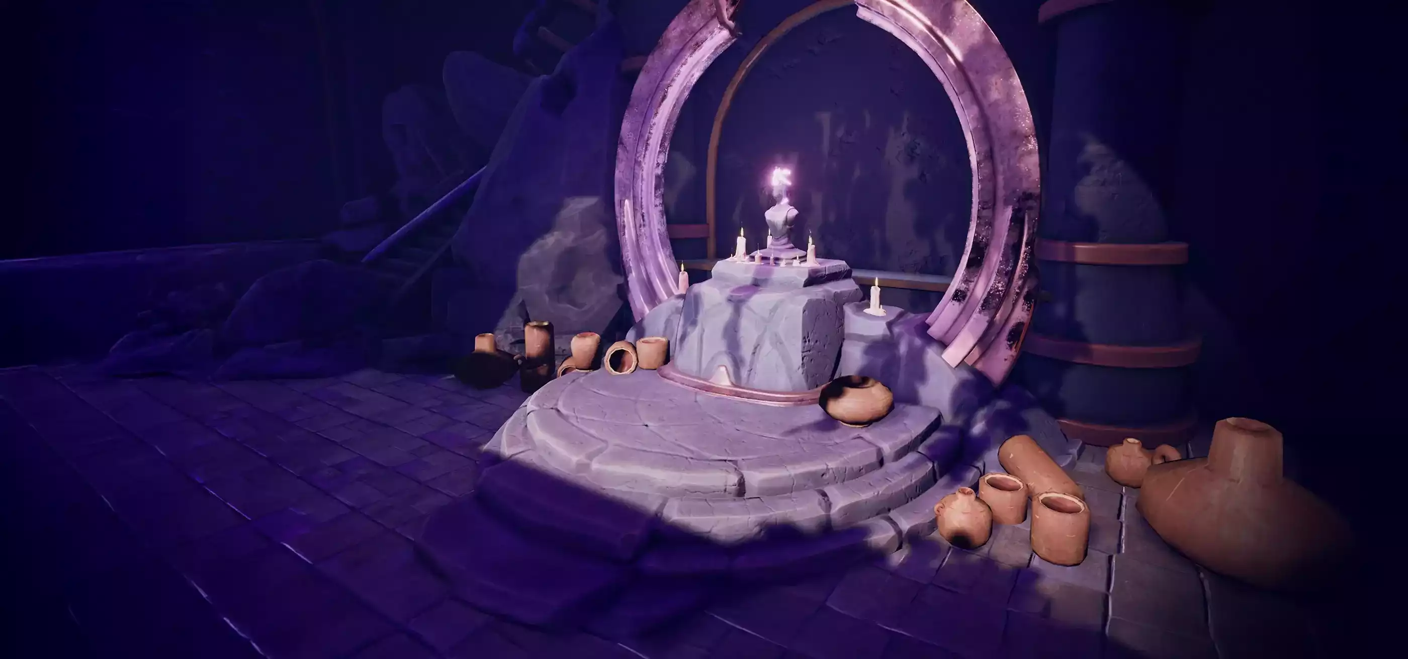 A glowing purple statue surrounded by a ring structure and ceramic pots.