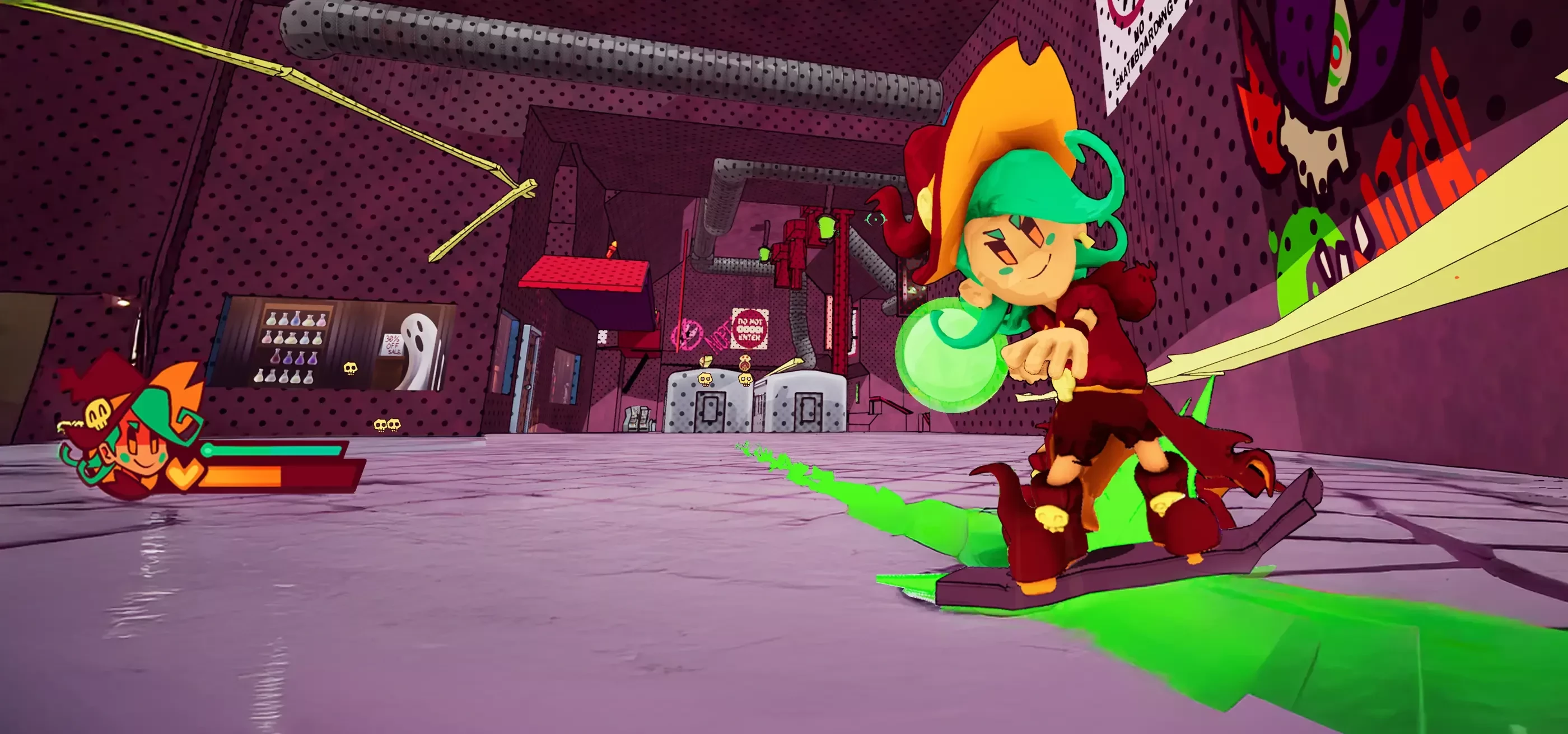 A witch with green hair skateboards through a subway station.