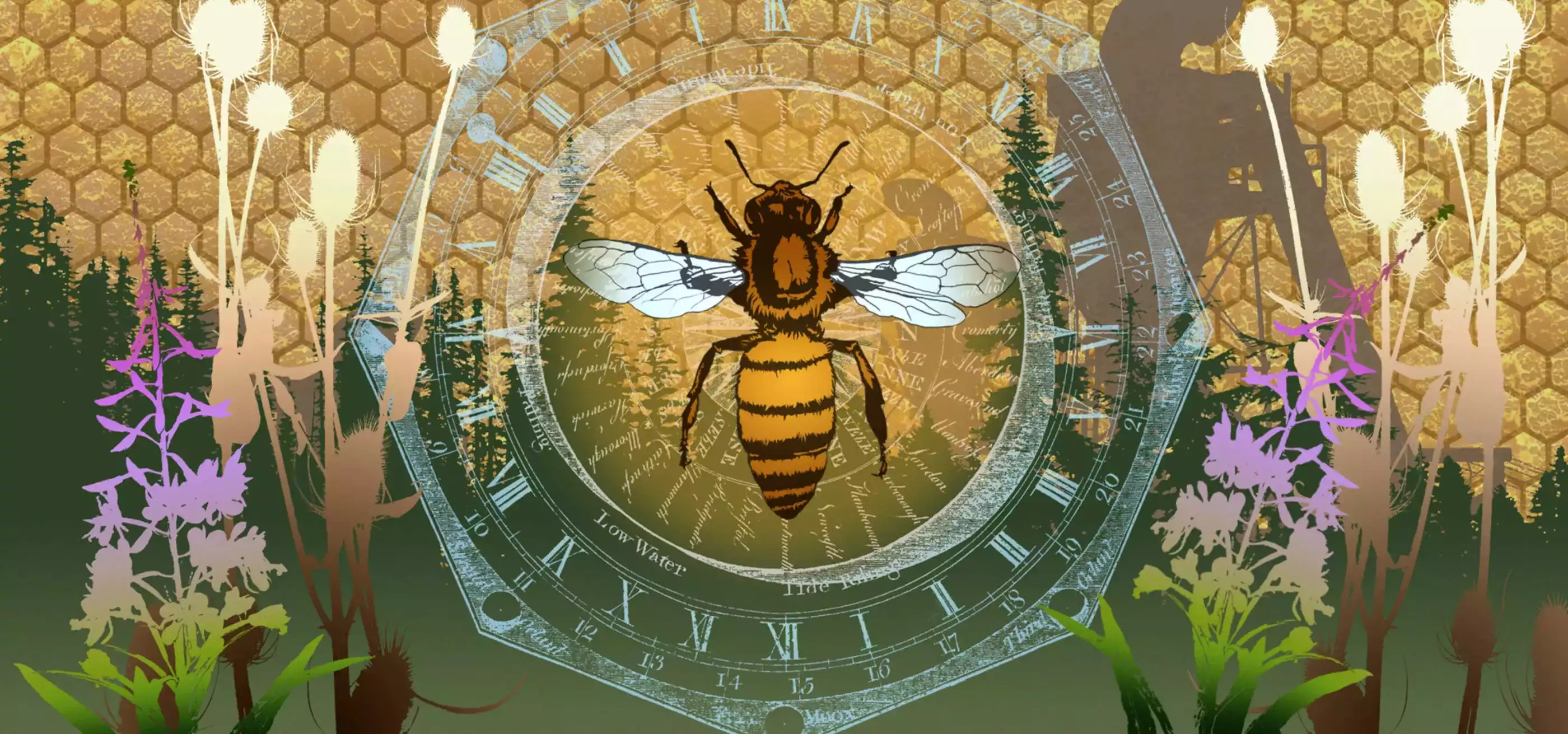 Digital composition of a bee and plants superimposed over a forest and honeycomb