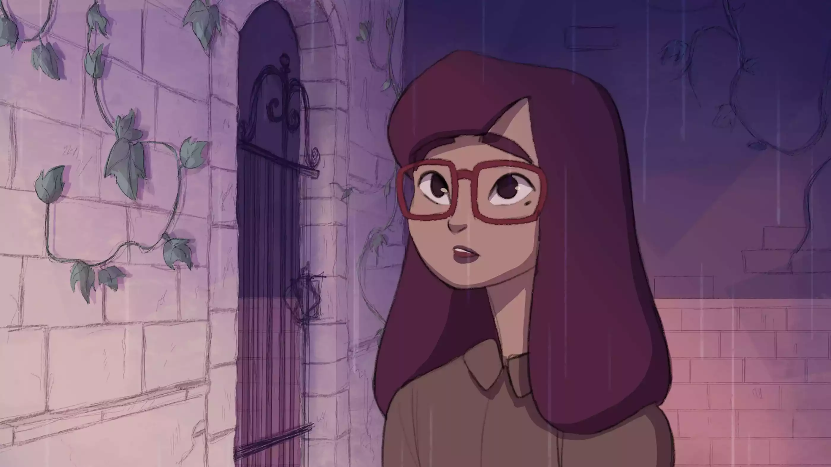 A young woman in glasses stands in the rain in front of a white brick wall with ivy growing on it.