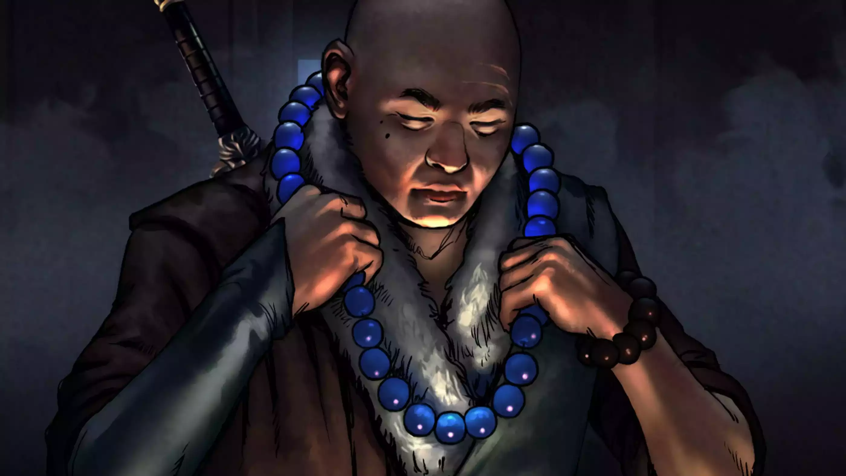 A bald man with a sword on his back, lit from below, puts on a necklace of brilliant blue spheres in a darkened room