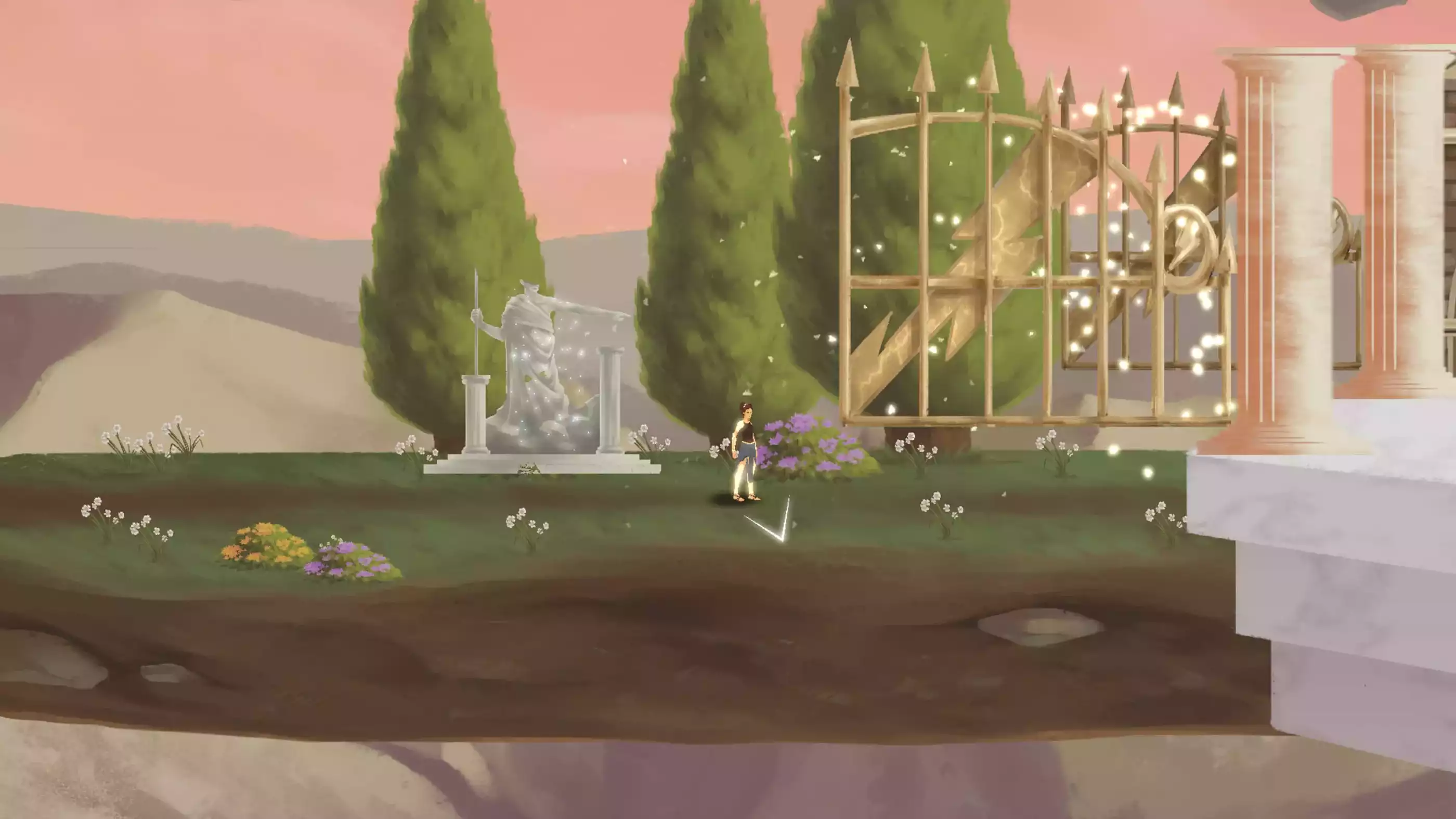 Alatheia stands in a sylvan grove, a headless Greek statue behind her. 