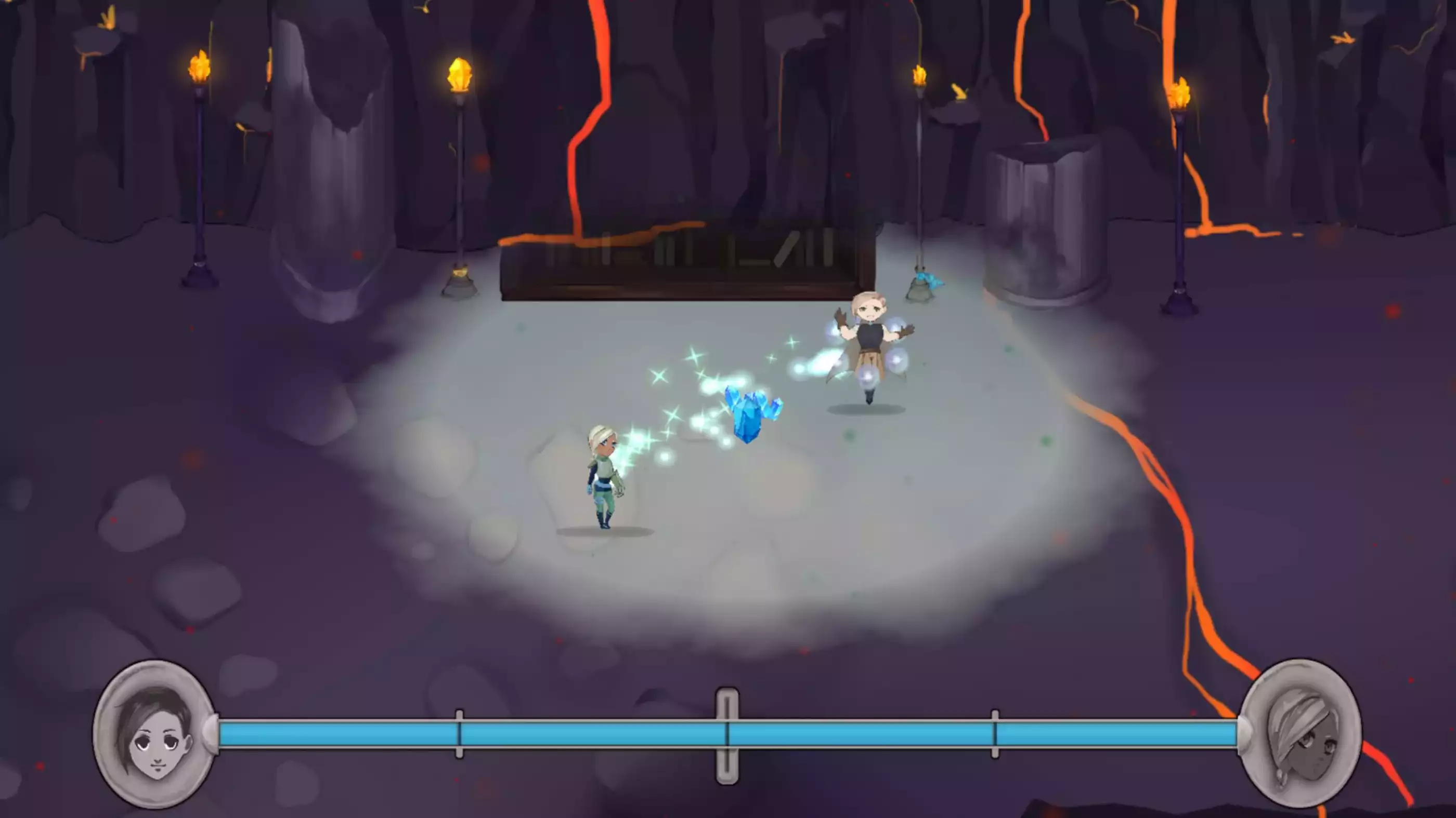 Two adventurers cast sparkling green light at a blue crystal. 