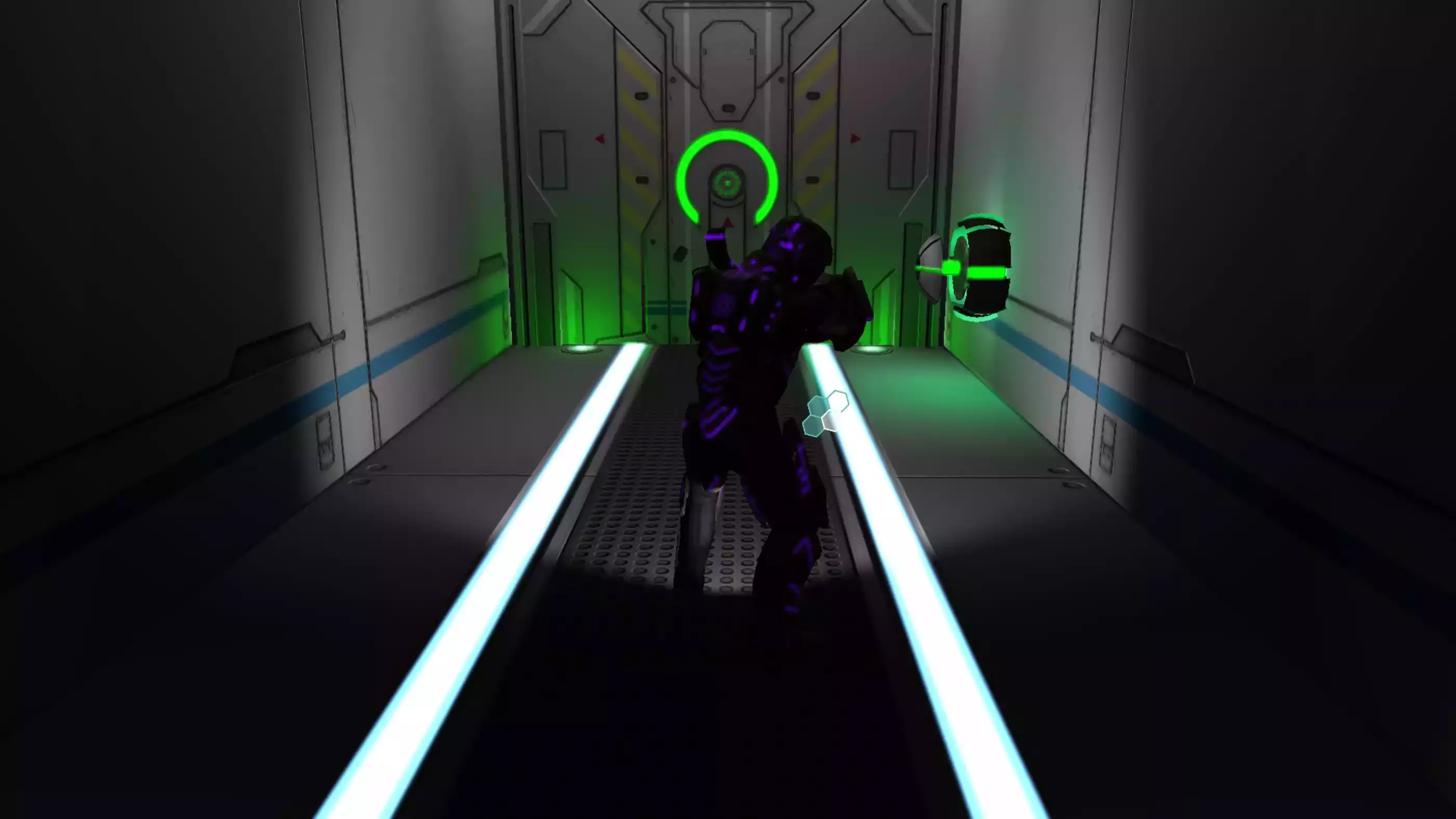 An alien impersonating a human soldier approaches a green blast door. 