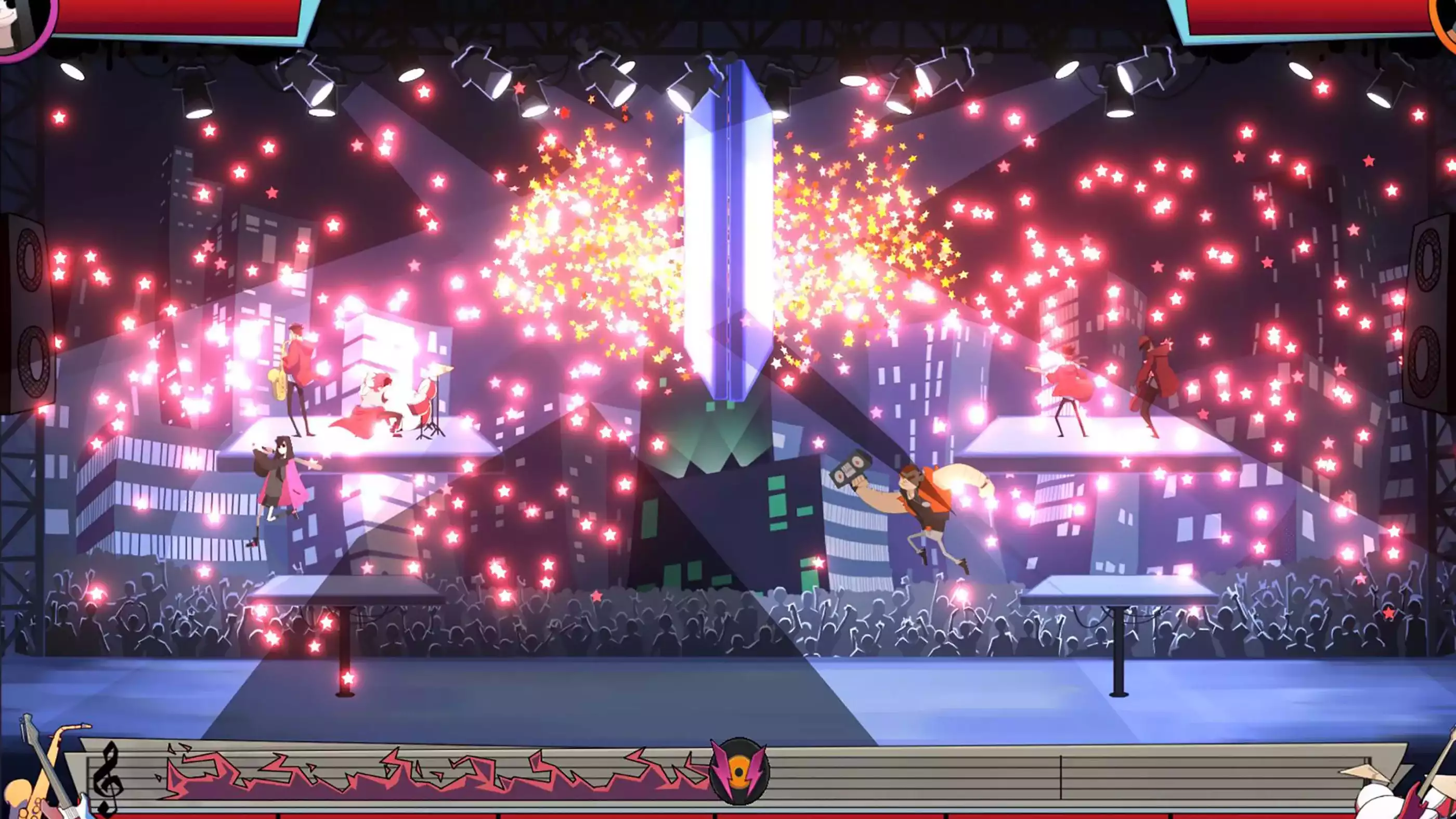 A punk band plays on a huge urban concert stage full of stars and spotlights.