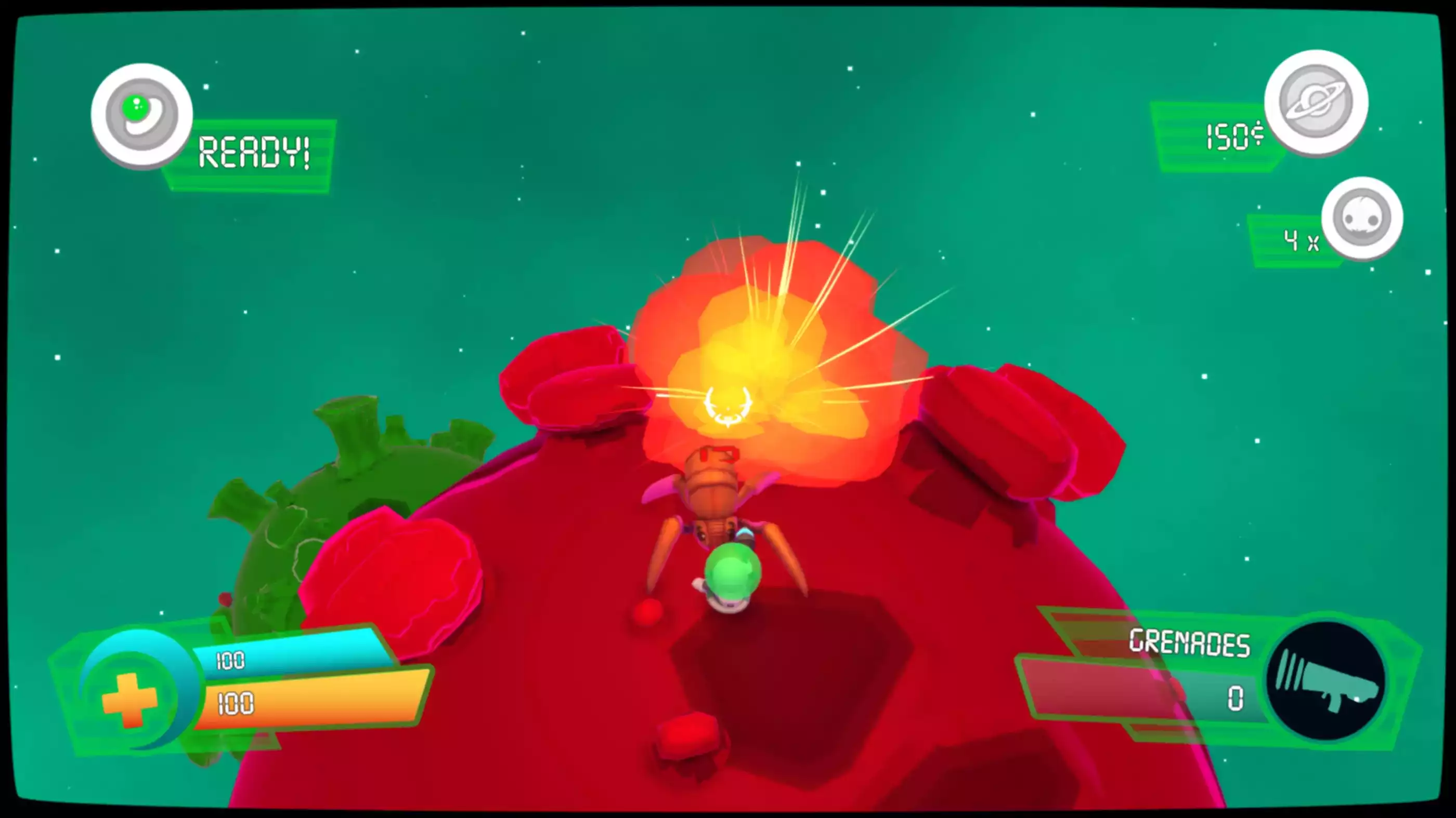 A giant space pest approaches an exterminator, an explosion in the background.