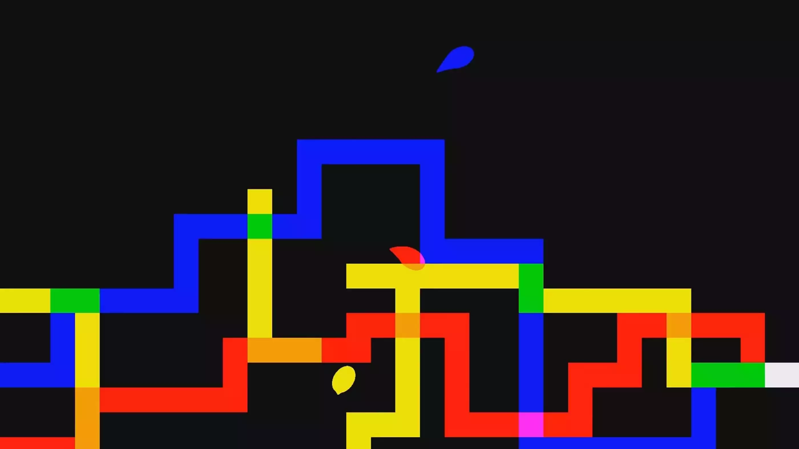 Three blobs jump through an array of multicolored intersecting walls. 