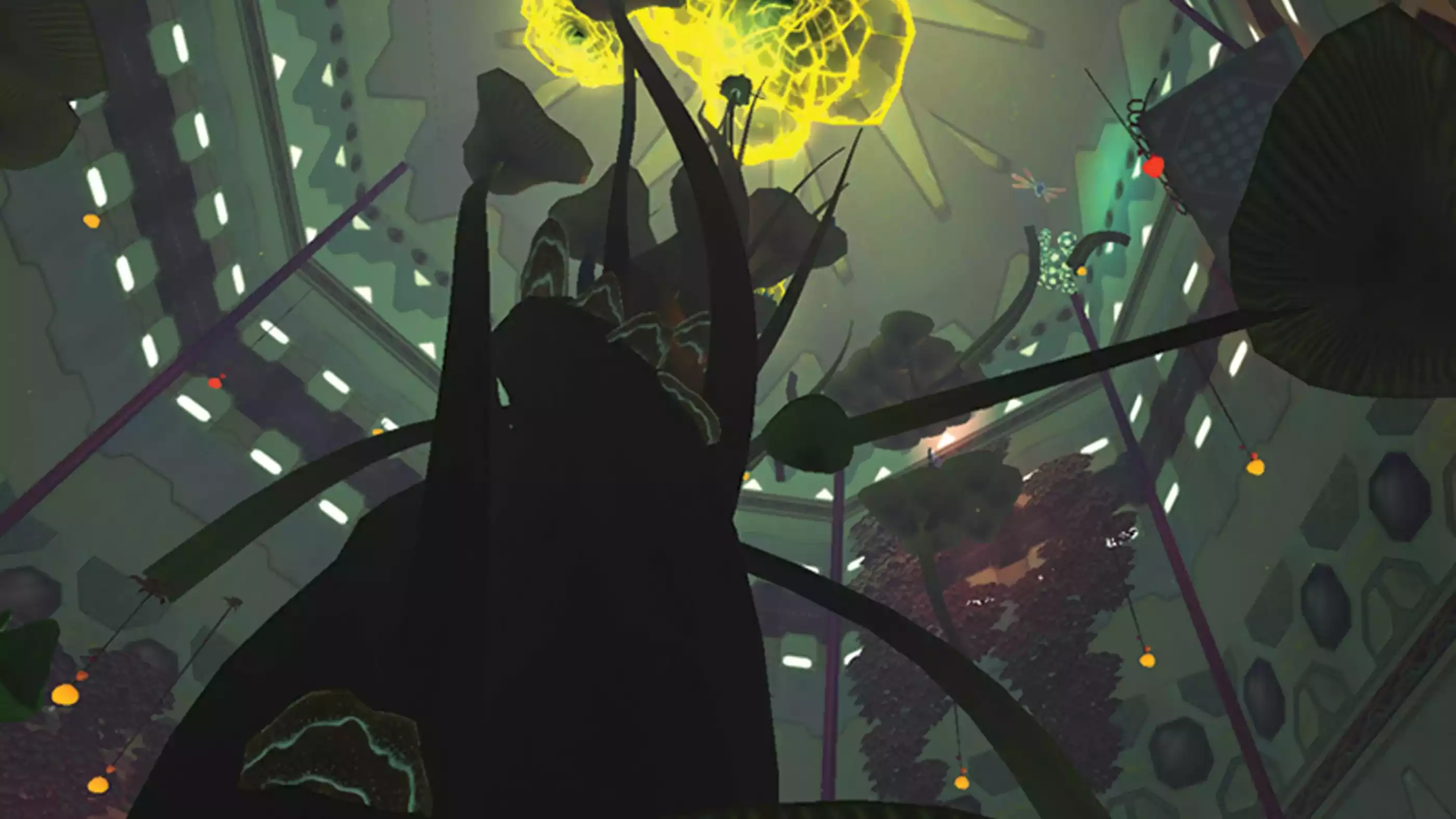 A plant-like structure raises through a cylindrical spaceship interior.