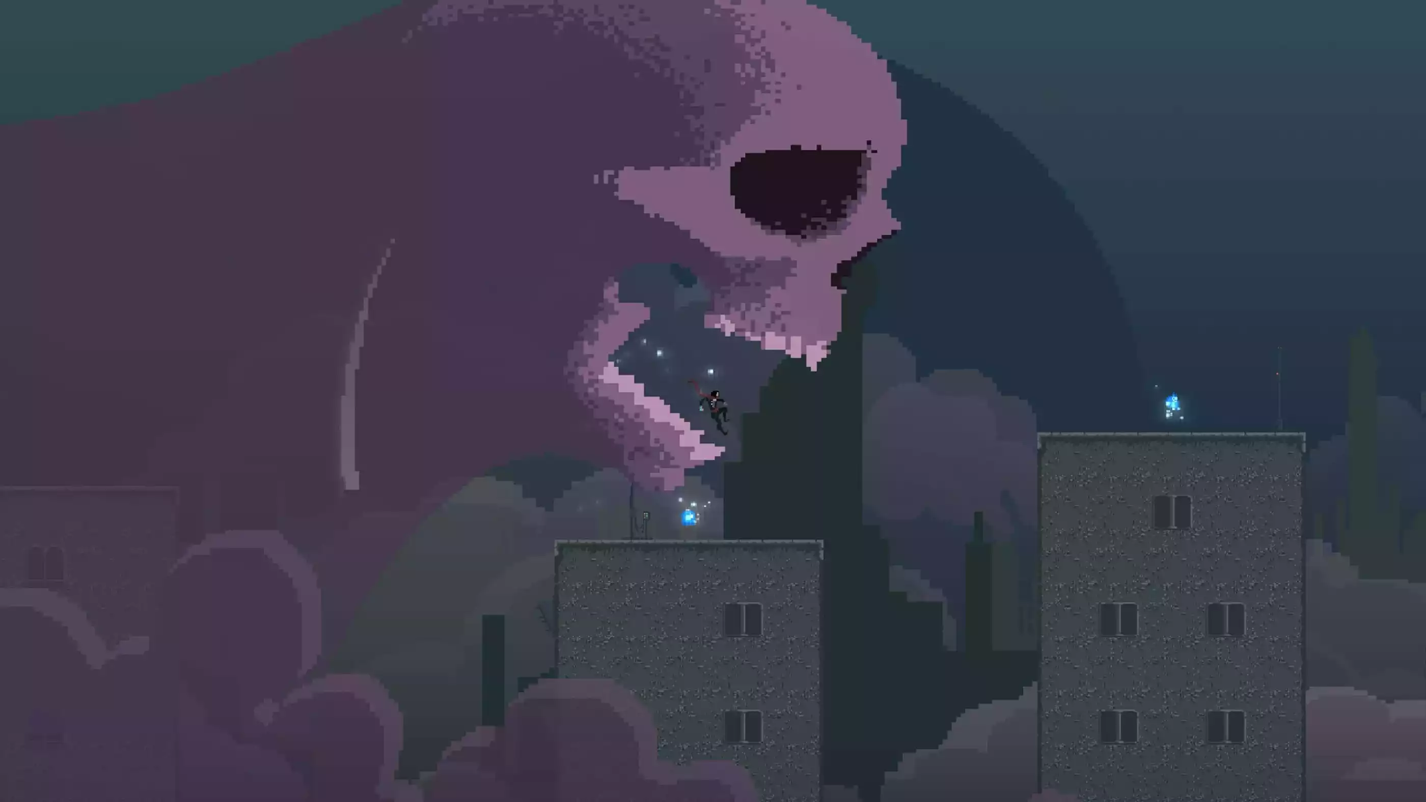 Polaris jumps from the maw of a giant purple skull.