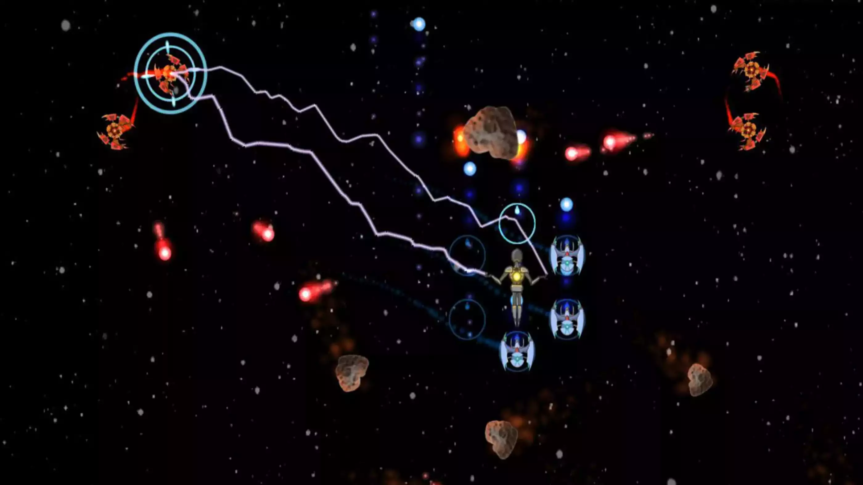 A humanoid controlling six enemy ships using their firepower against a larger version of those same enemy ships.