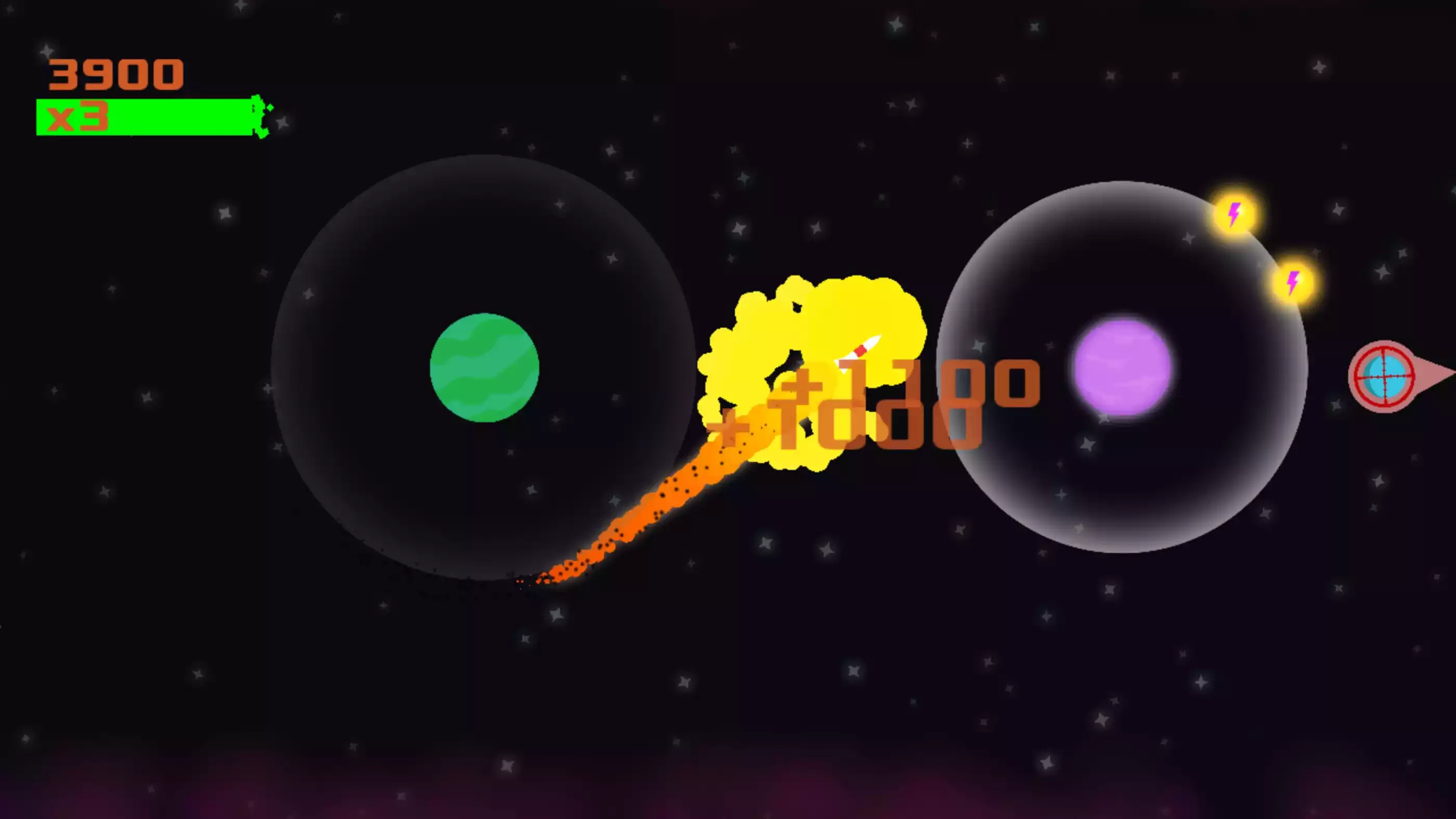 A rocket blasts from a green planet to a pink one, collecting power ups and points in between.