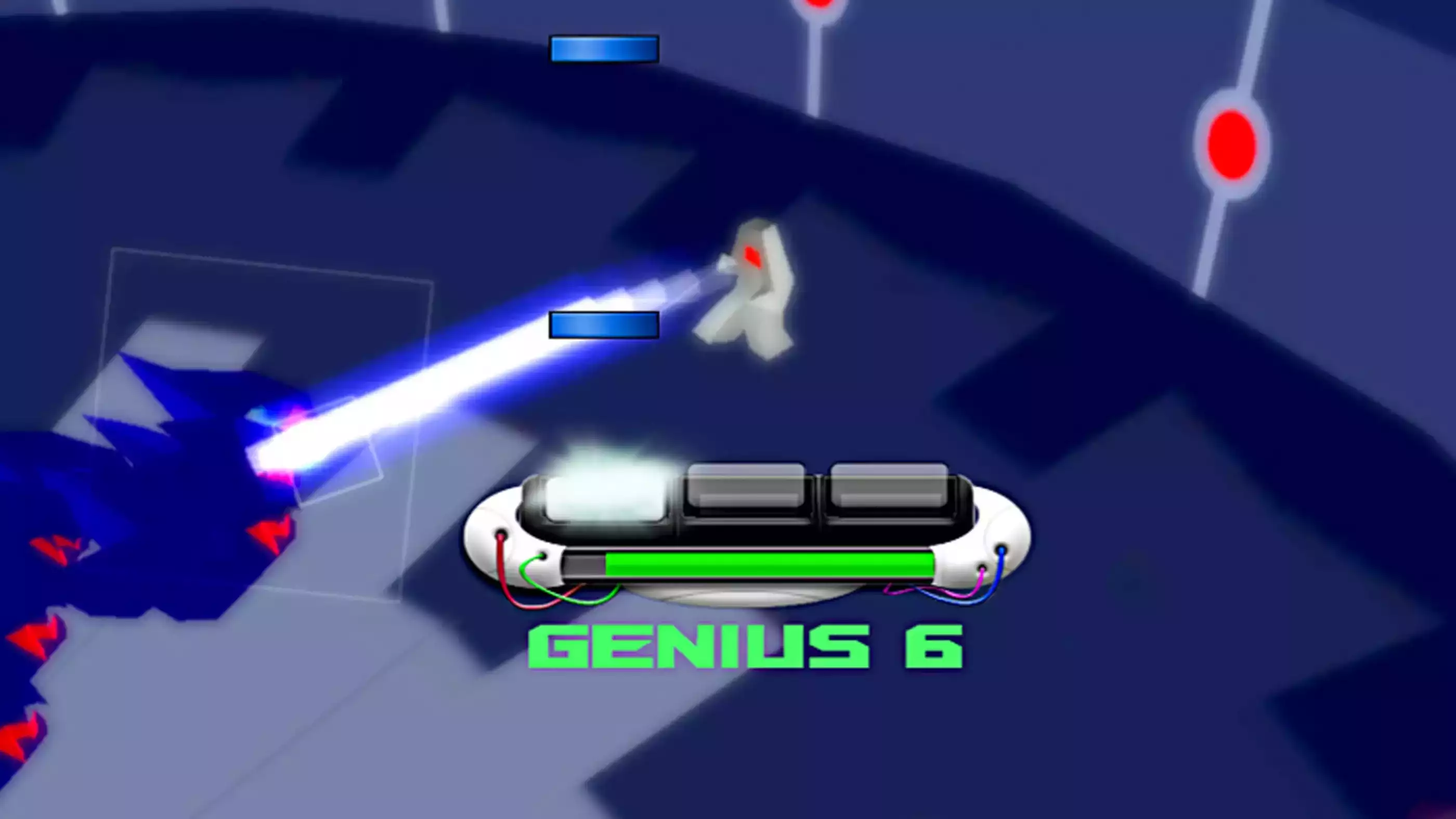 A blue dash falls towards a console with the word "GENIUS 6" written below it.