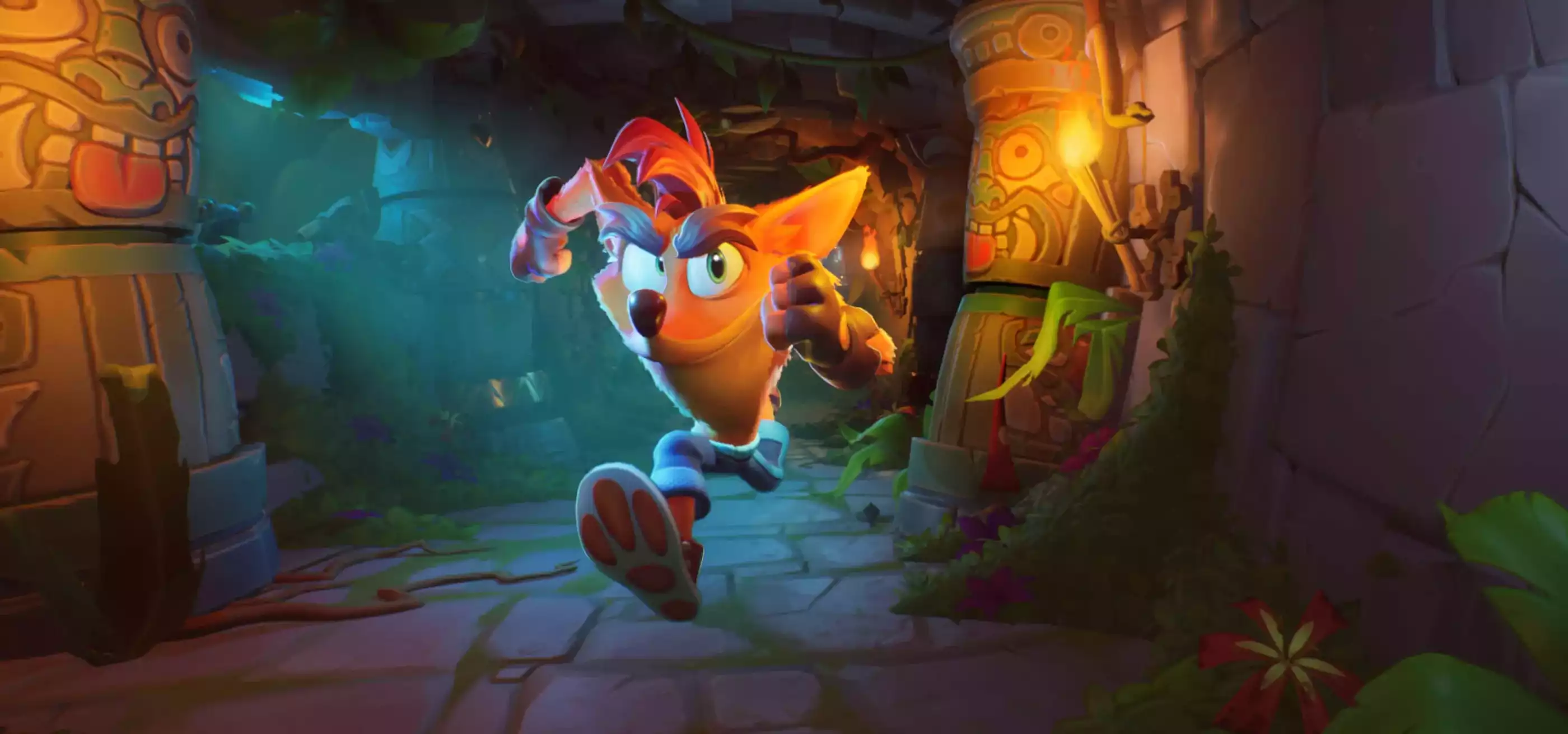 A screenshot from Crash Bandicoot 4: It’s About Time depicting Crash running down a temple hallway.