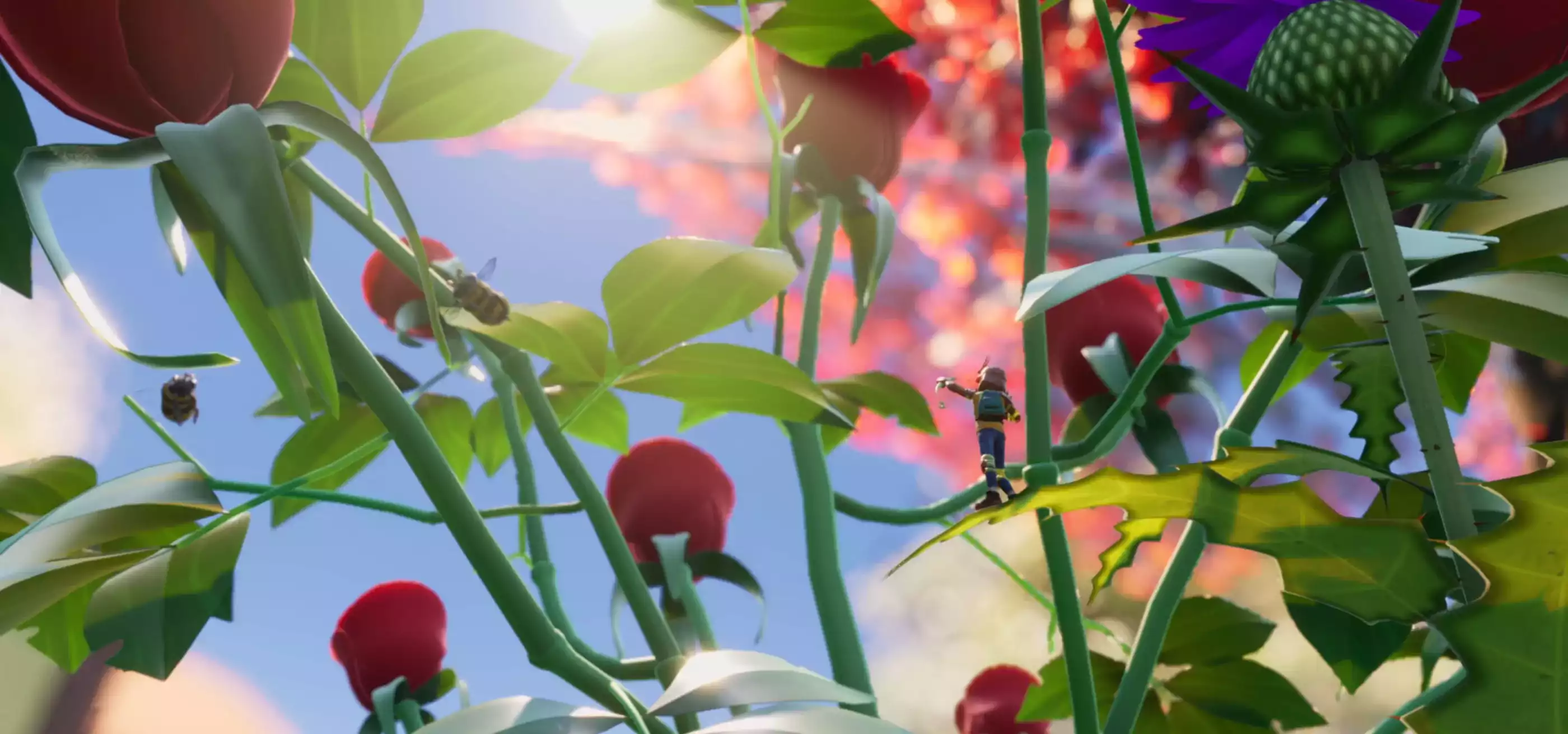 A tiny teenager stands on a leaf in a field of roses, drawing their bow at a bee.