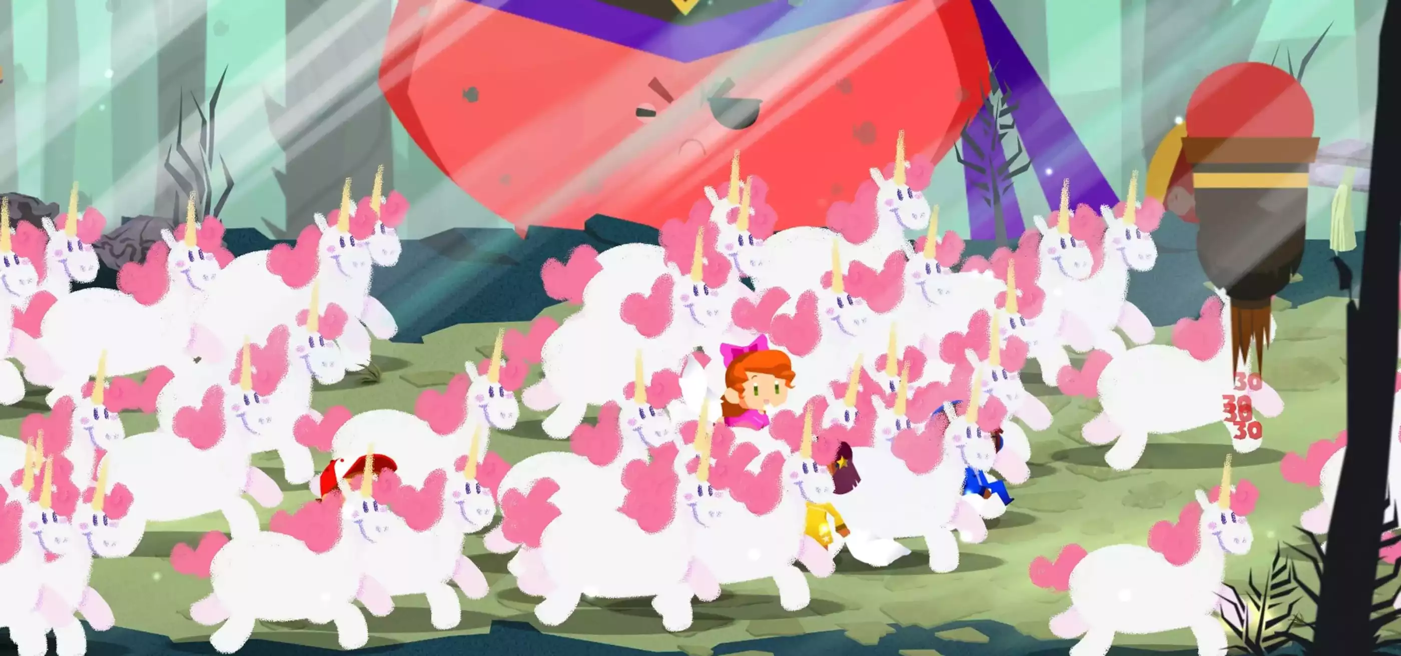 Screenshot from DigiPen student game Book of Dreams, featuring characters among a herd of identical unicorns