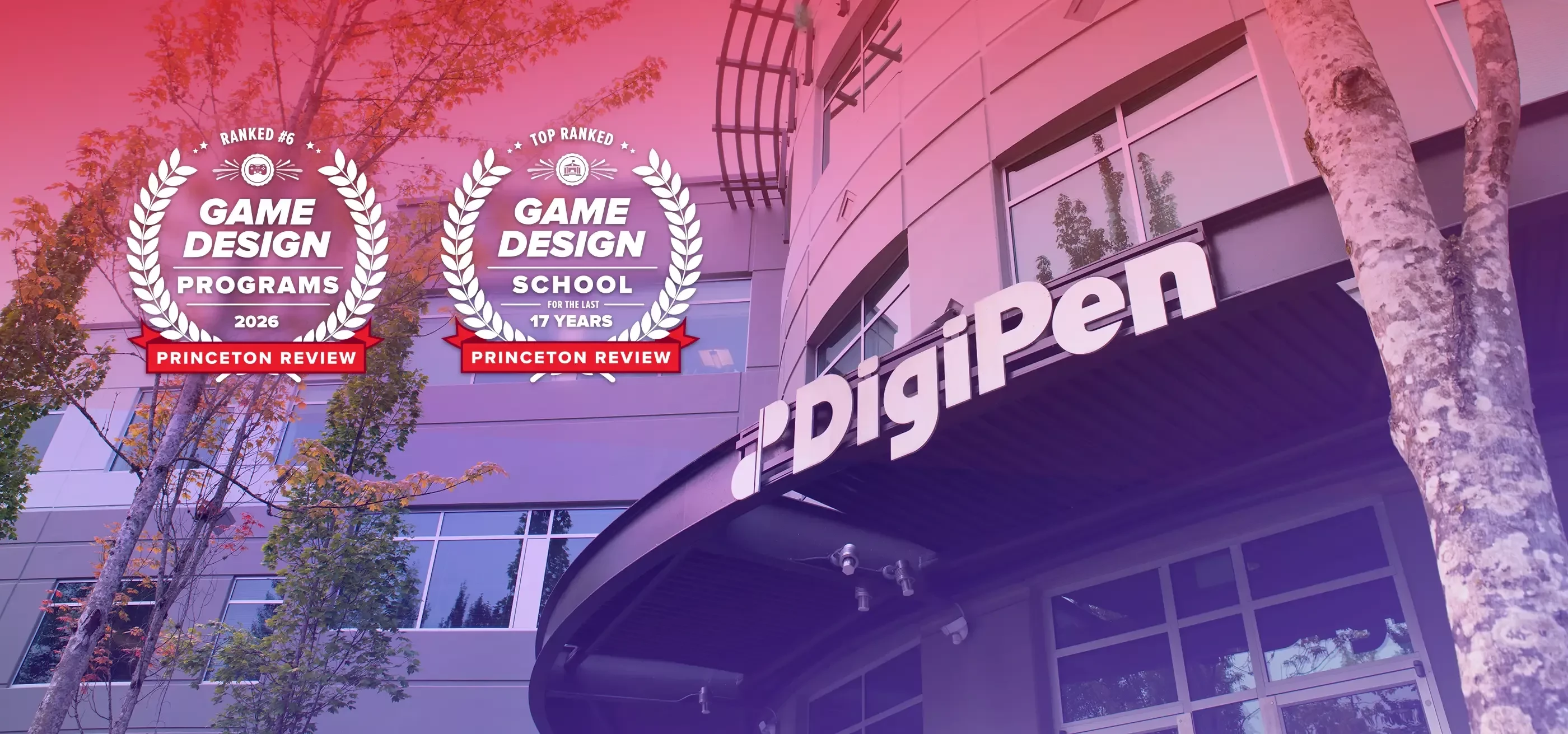 A low angle exterior shot of DigiPen's main campus building.