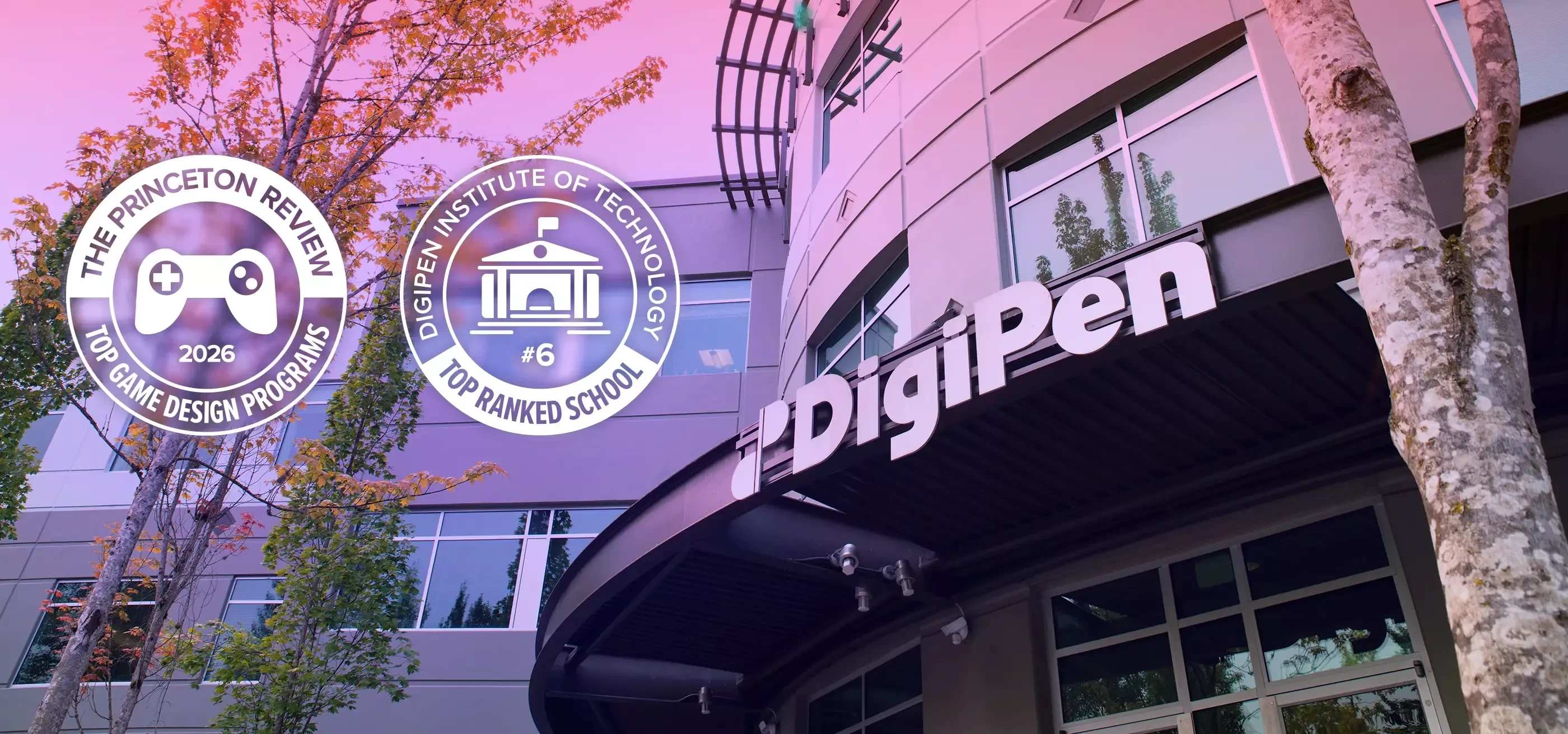 A low angle exterior shot of DigiPen's main campus building.