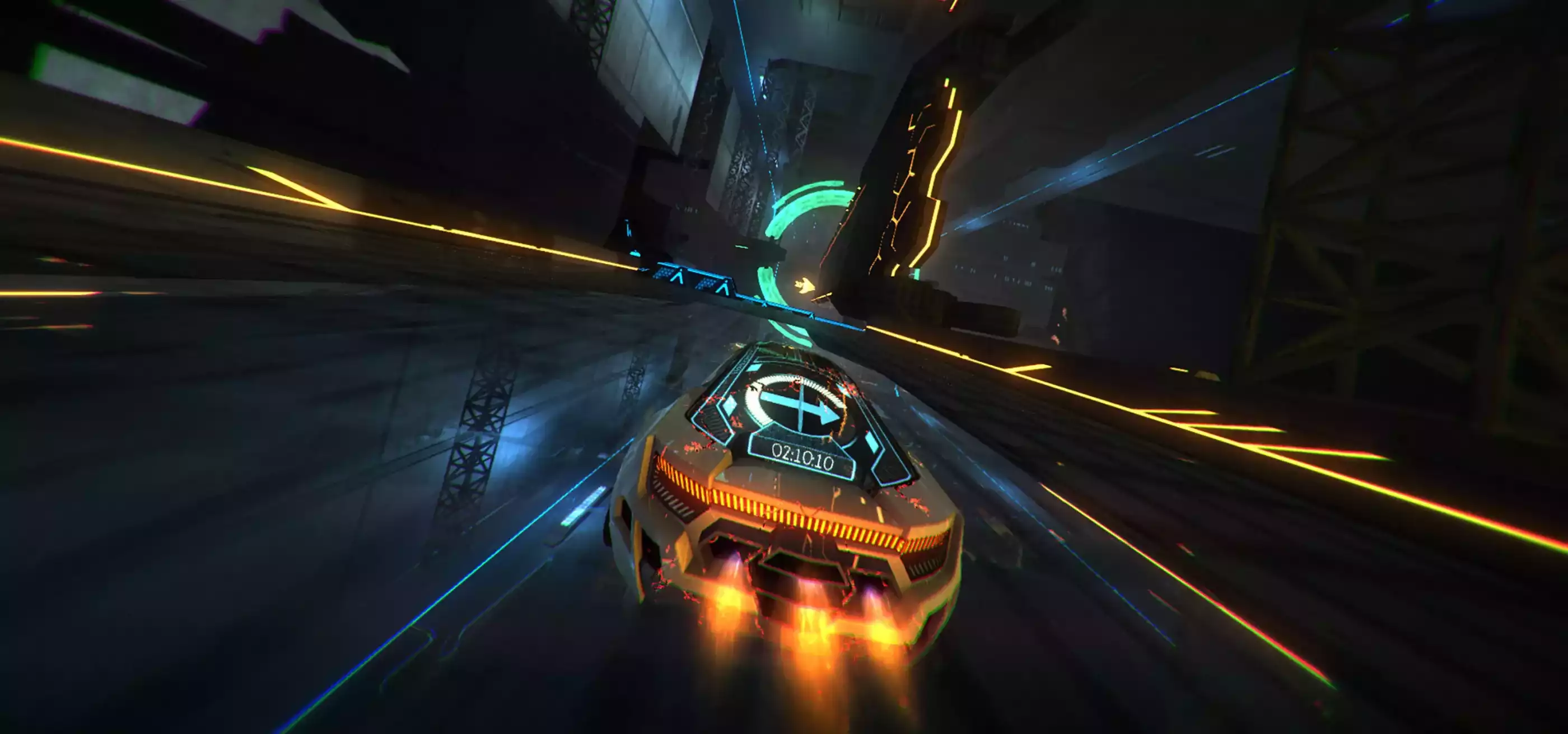 Screenshot from Refract Studios' Distance v1.0 of a neon-trimmed car racing through a darkened landscape